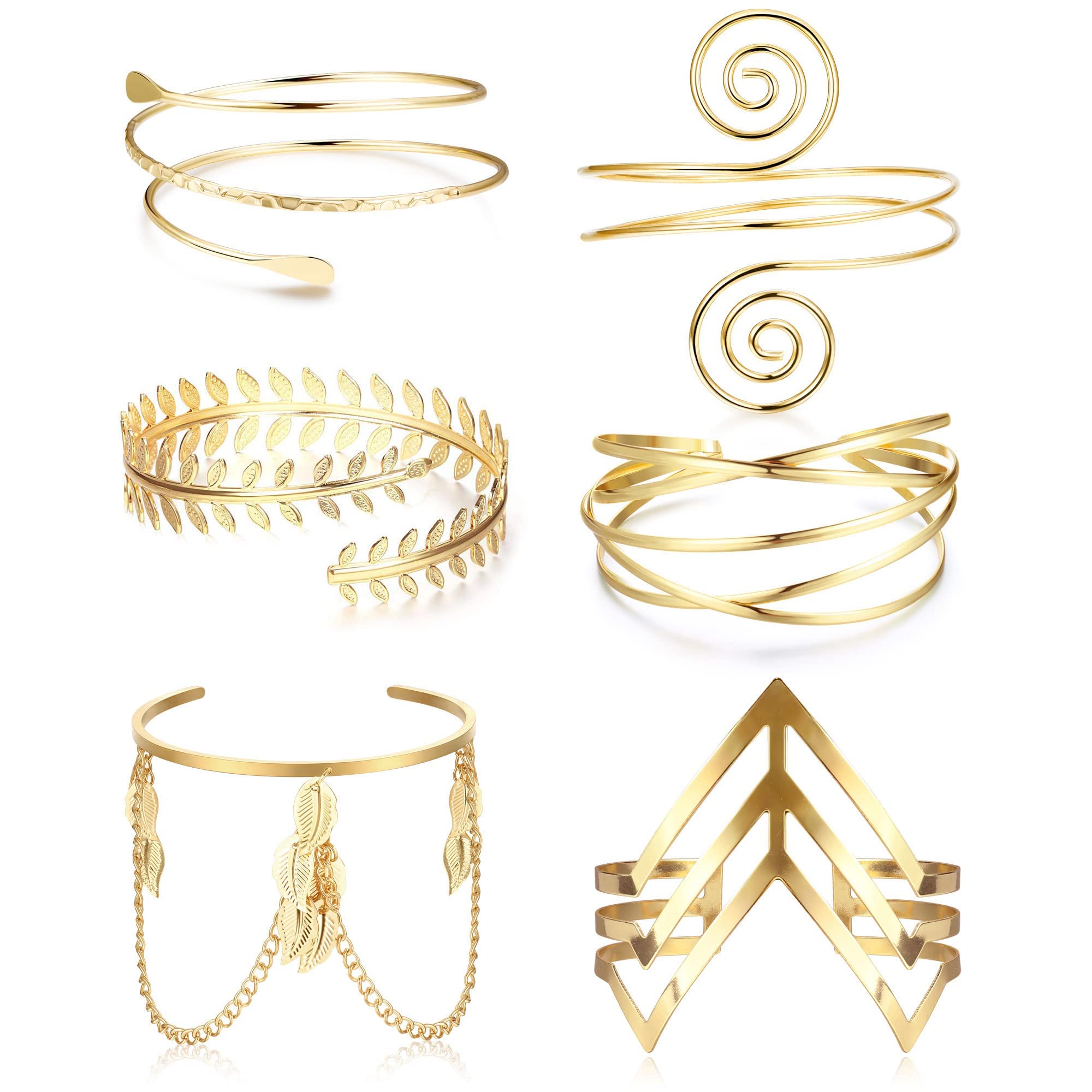 Diamday6Pcs Gold Arm Cuff Upper Arm Band Cuff Bangle Bracelet for Women Minimalist Simple Snake Armlet Armband Set Adjustable Arm Cuffs Greek Costume Wedding Accessories Jewelry