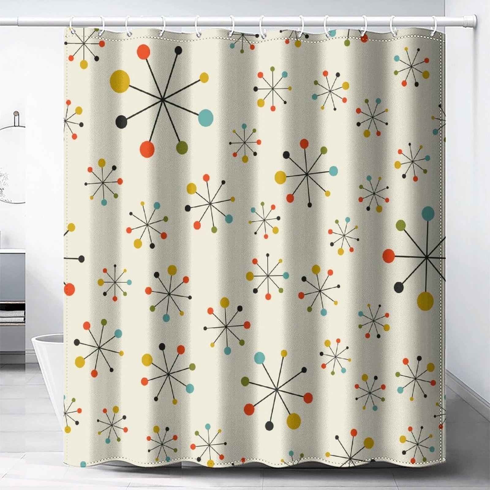AUWUUAMid Century Shower Curtain 45x87in-115x220cm Modern Abstract Geometric Pattern Bathroom Shower Curtain Set, Vintage Retro Iconic Atomic Starburst Waterproof Fabric Bathtub Curtains