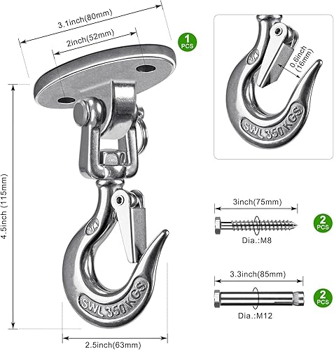 Miniatura 25 de SELEWARE Colgadores de columpio de acero inoxidable para columpio de techo, ganchos giratorios gratuitos para columpio de yoga, columpio para Plata