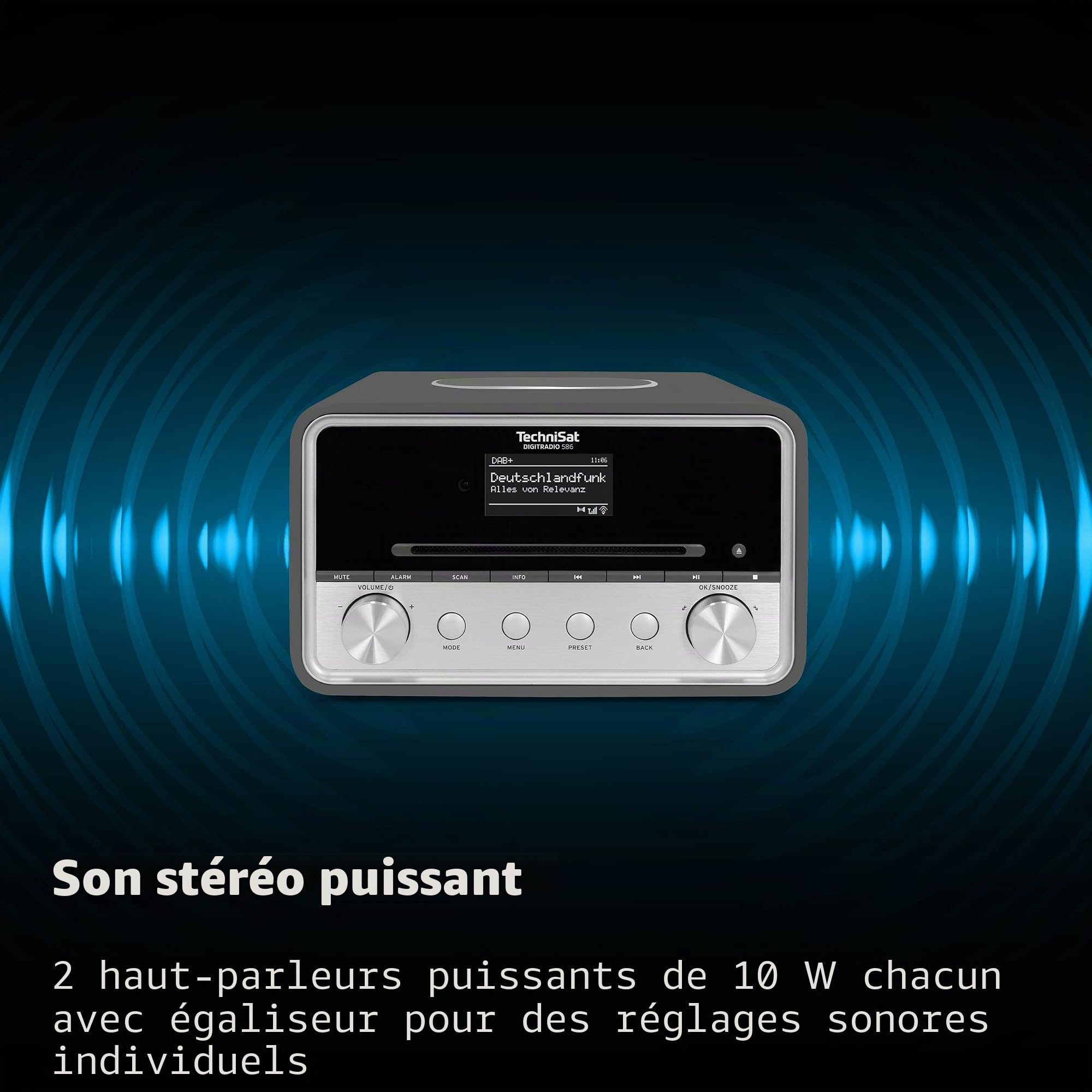 TechniSat DIGITRADIO 586 - Radio hybride DAB+ (radio internet, FM, Bluetooth, charge sans fil, commande d'application, OLED, USB, CD, MP3, AUX, 20 W, chaîne compacte, télécommande) anthracite