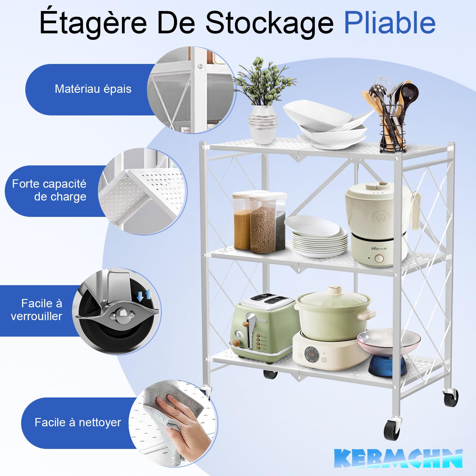 Étagère de Rangement 3 Étage Métallique Pliable avec roulettes, Tablette Autoportante, Chariot de Stockage Pliable 71,5 x 36,5 x 87 cm pour Cuisine, Bureau ou Buanderie (Blanc)