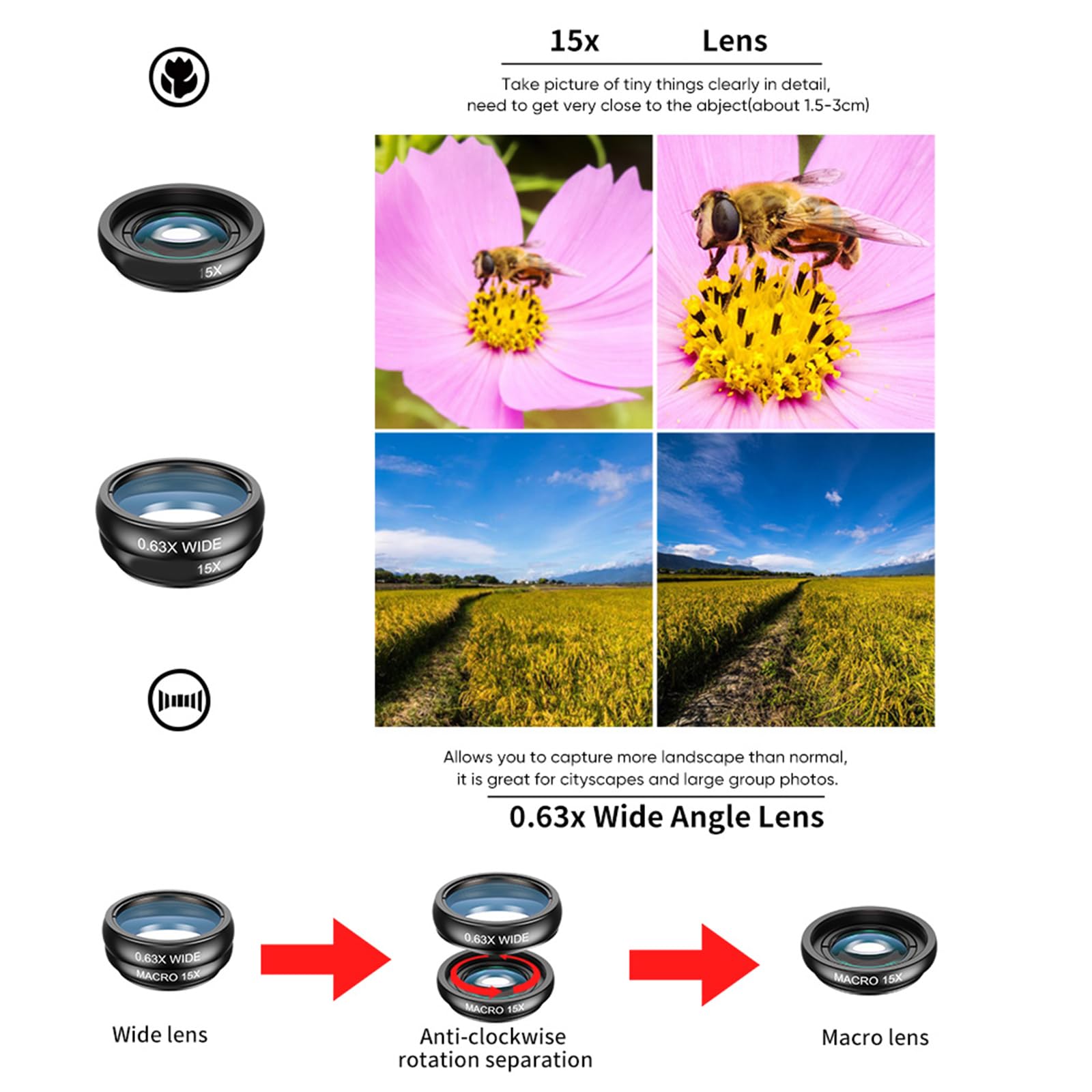 Obiettivo fotocamera 10 in 1, radiale, CPL, Star Flows, Filtro, Teleobiettivo 22x, Fisheye Set per 16 15 telecamere multifunzione