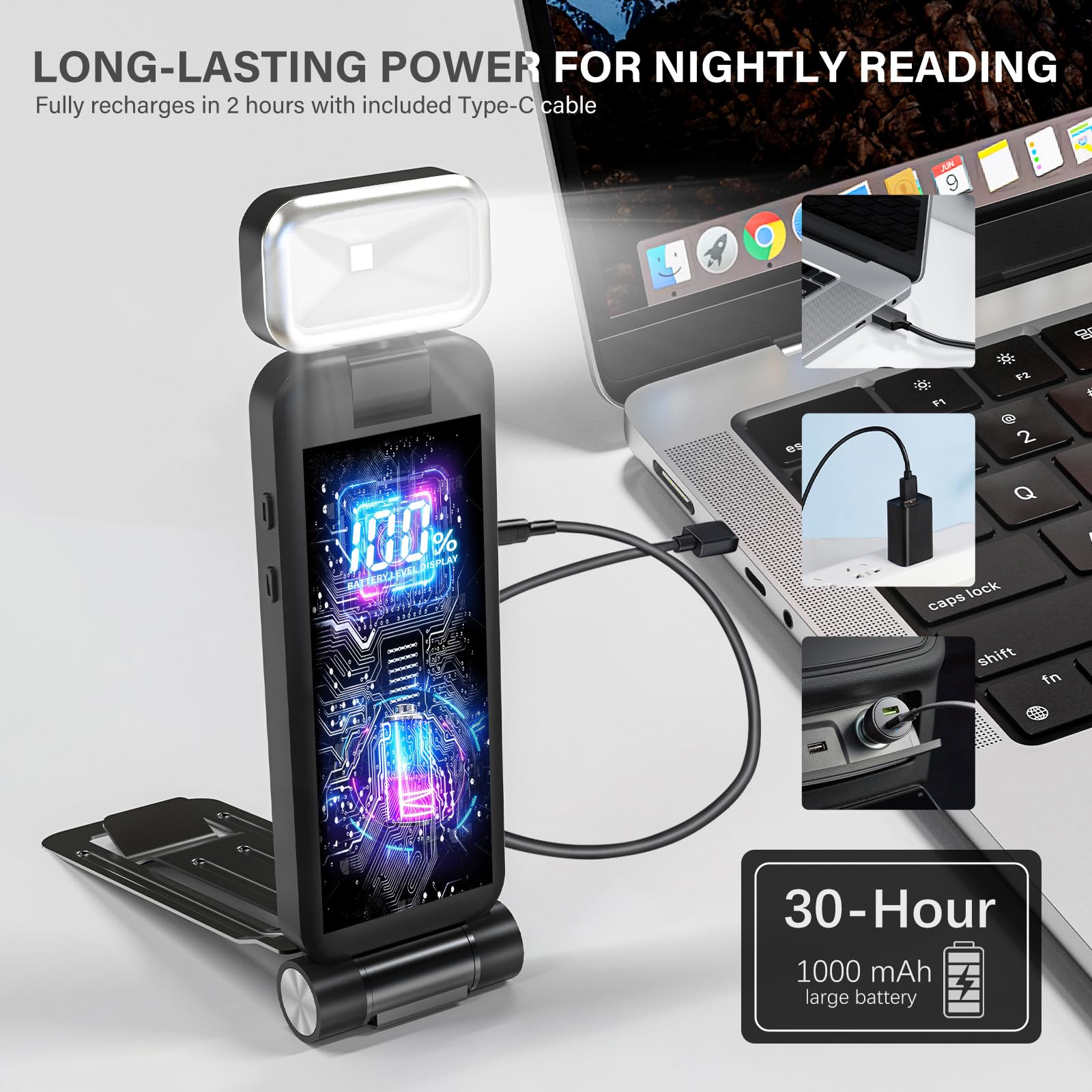 Luz de libro con indicador de batería para lectura nocturna y de cama, recargable, 3 temperaturas de color y 9 niveles ajustables, bisagras de metal con clip de luces LED, diseño de cuidado de los