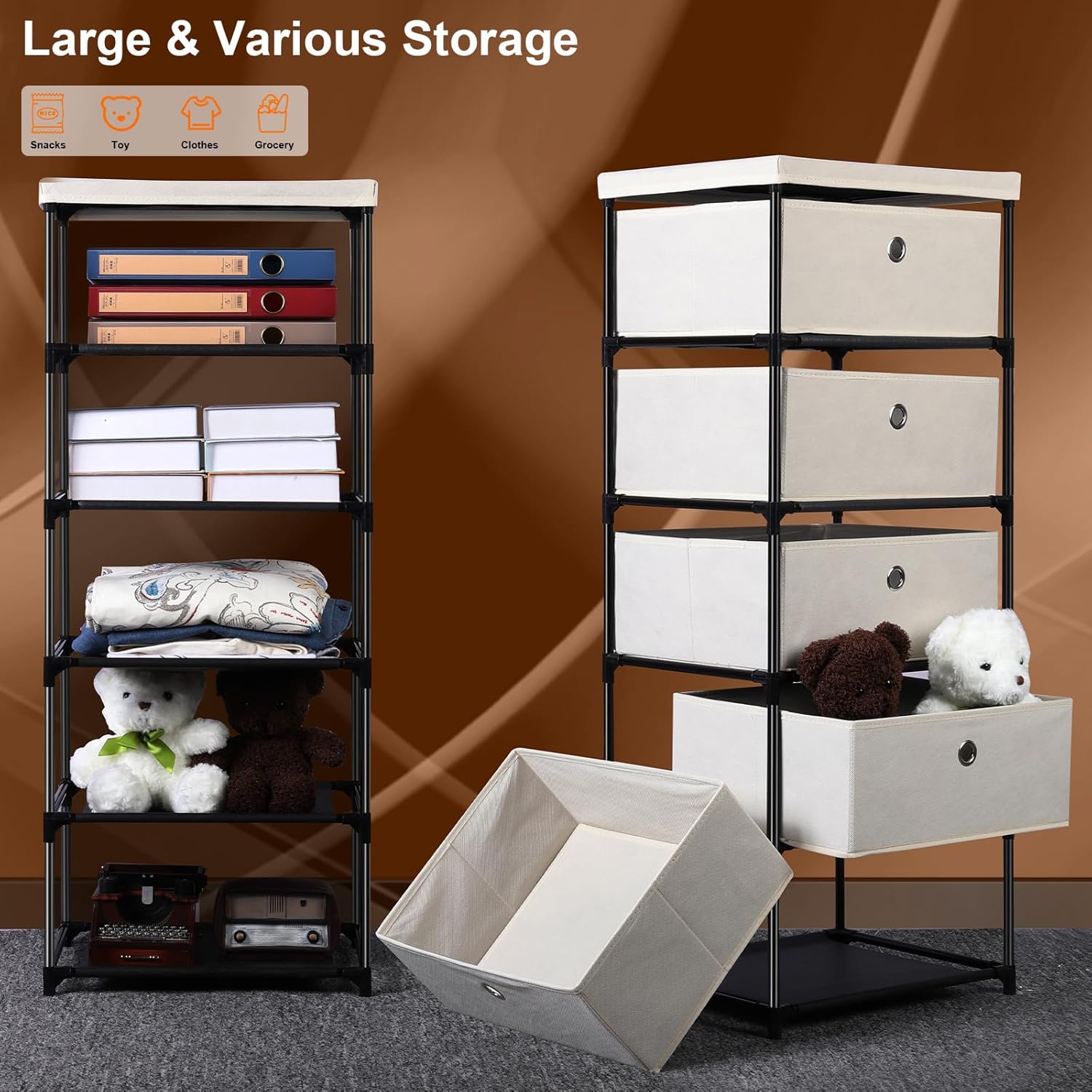 HAITRAL Tall Fabric Drawer Tower with 5 Drawers, Storage Tower Dresser for Bedroom,Dressers & Chest of Drawers,Storage Organizer Unit for Closets,Bedroom, Living Room,Hallway, Entryway (White)