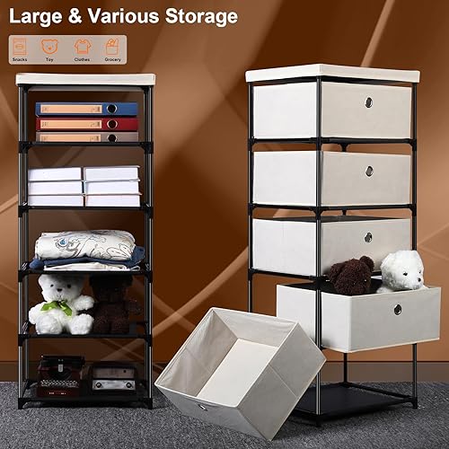 Miniatura 6 de HAITRAL Torre alta de tela con 5 cajones, cómoda de almacenamiento para dormitorio, aparadores y cómoda, unidad organizadora de almacenamiento para