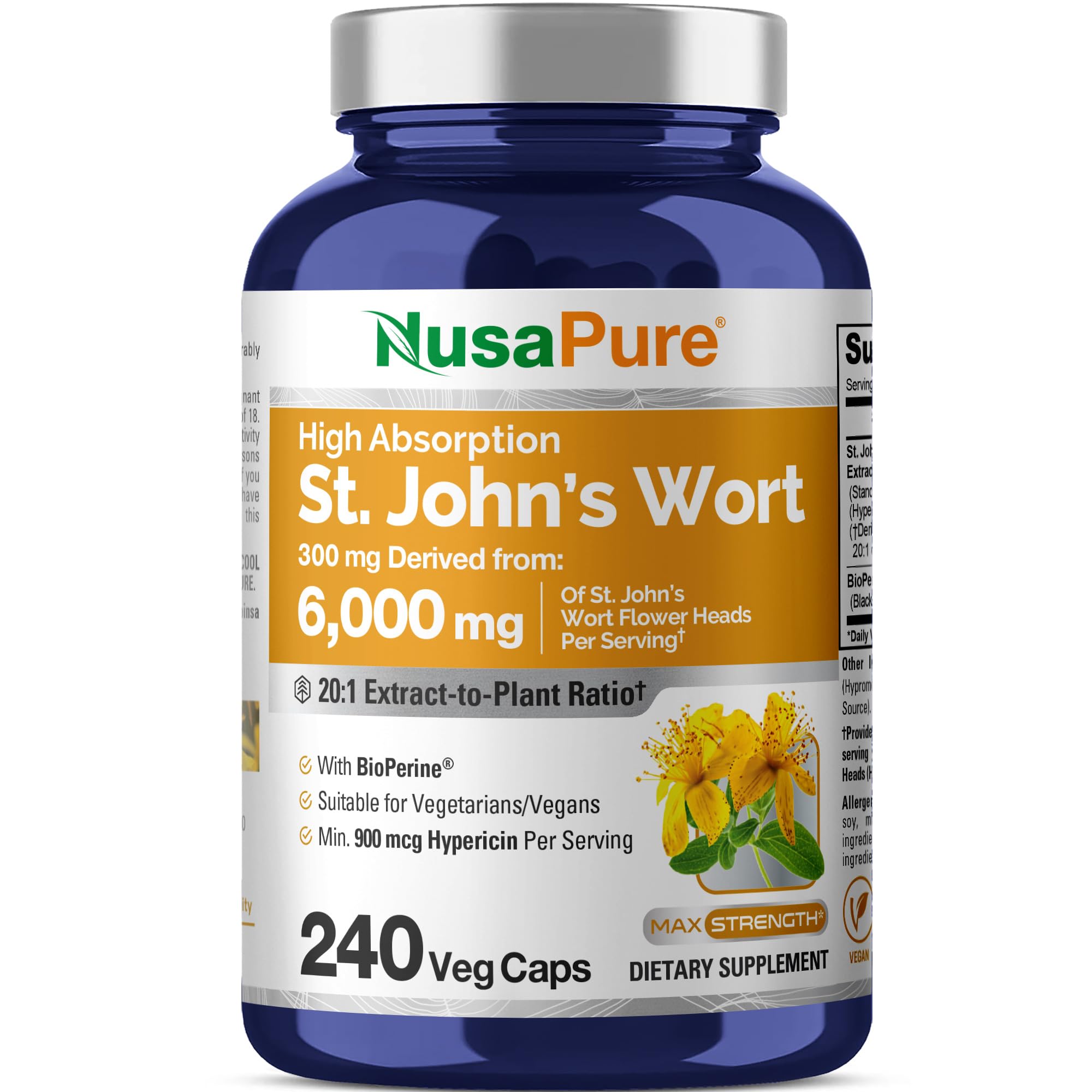 NusaPure St. John's Wort 1100 mg per Serving. 180 Veggie Capsules (Vegetarian,Non-GMO & Gluten-Free) 1950 mcg Hypericin per Serving
