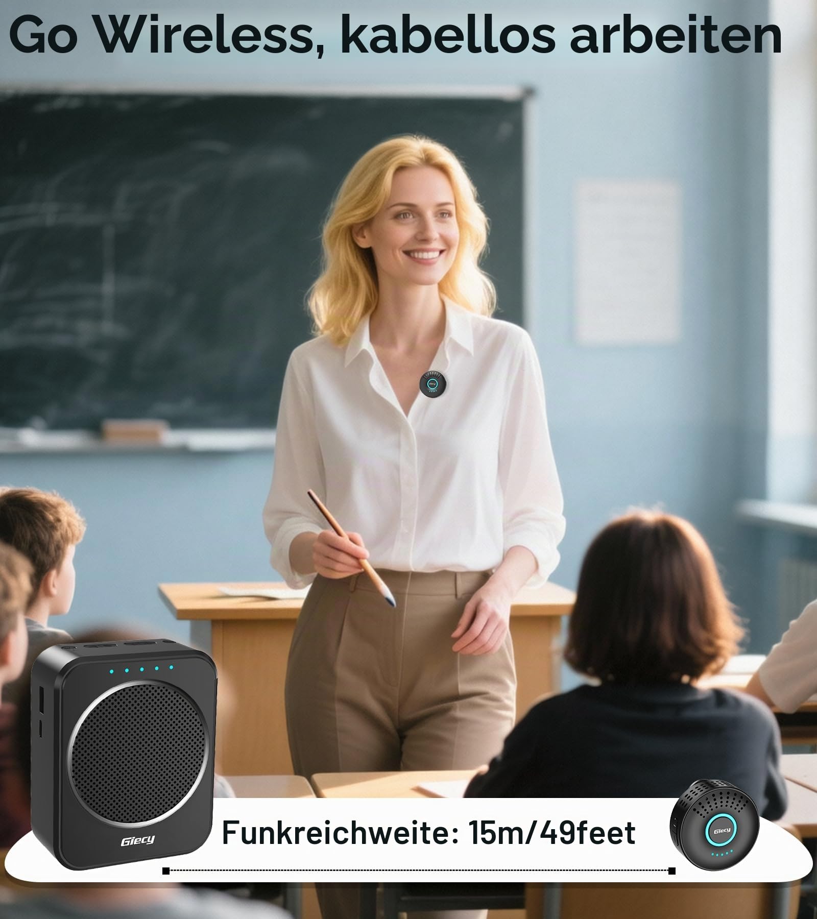 Sprachverstärker mit Kabellosem Lavalier-Mikrofon Tragbar, DSP Anti-Feedback, 2800mAh Akku, PA-System für Lehrer, Führungen, Präsentationen, Outdoor