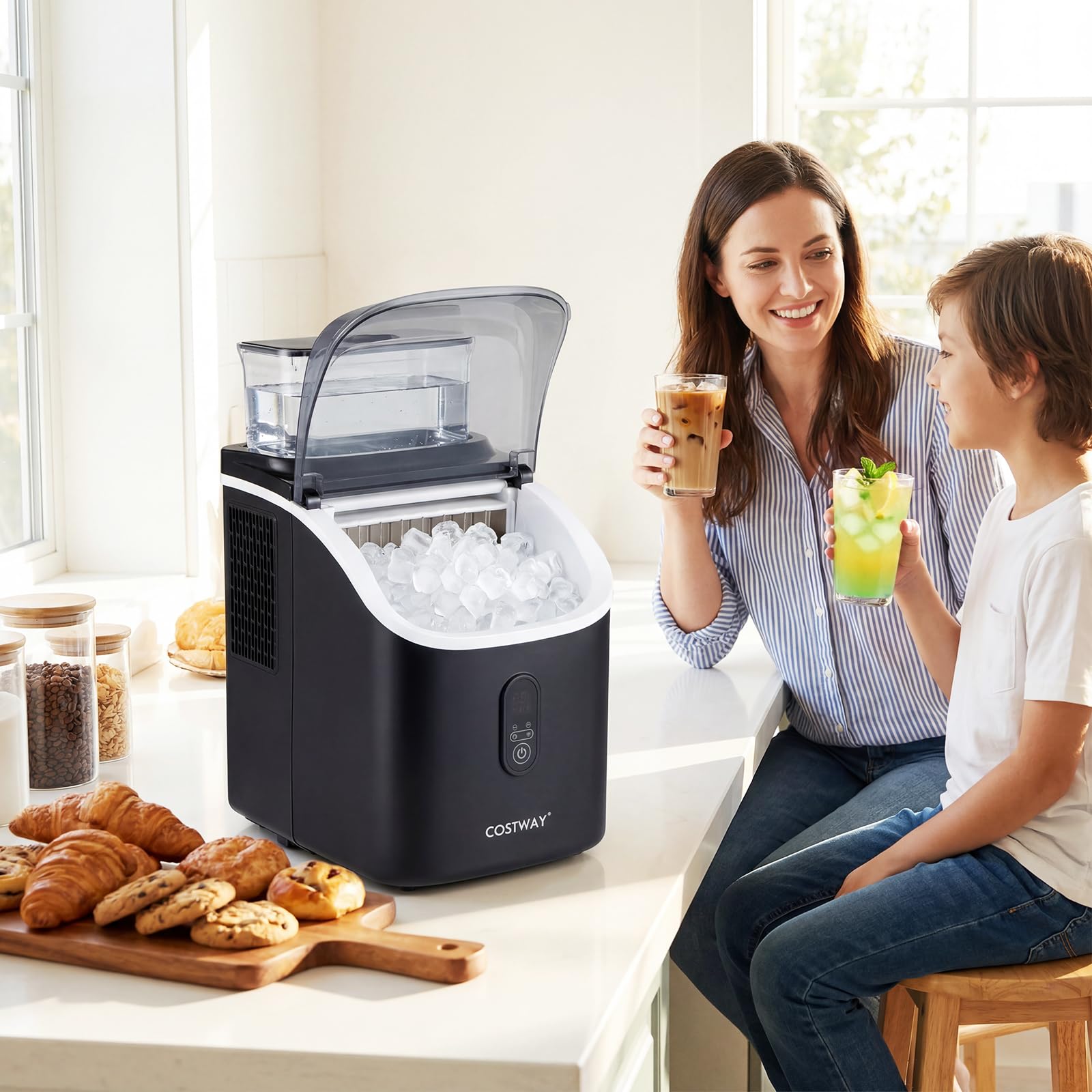 COSTWAY Machine a Glacons de Comptoir pour Maison, Bureau, Bar (Noir) | Machine à Glace, 15 kg/24h, 16 Glaçons Carrés en 13 Min, 13 Épaisseurs Réglables, Auto-Nettoyage, Minuterie 24h, Silencieuse