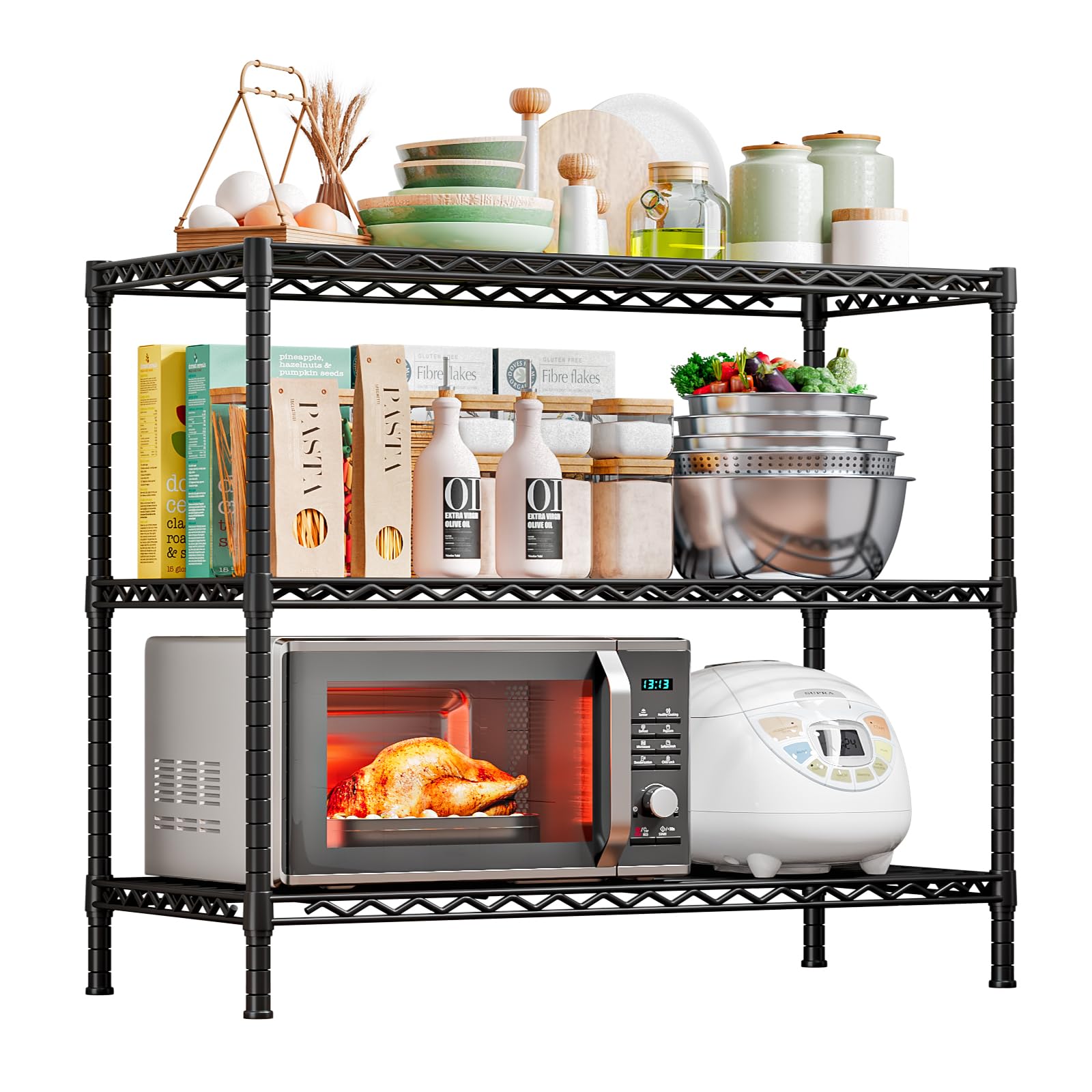 Estante Metálico de 3 Niveles,Ajustable,35.6x14x36,Negro | Estantería Resistente Para Cocina, Despensa, Garaje, Baño ,Cina, Despensa, Garaje, Baño