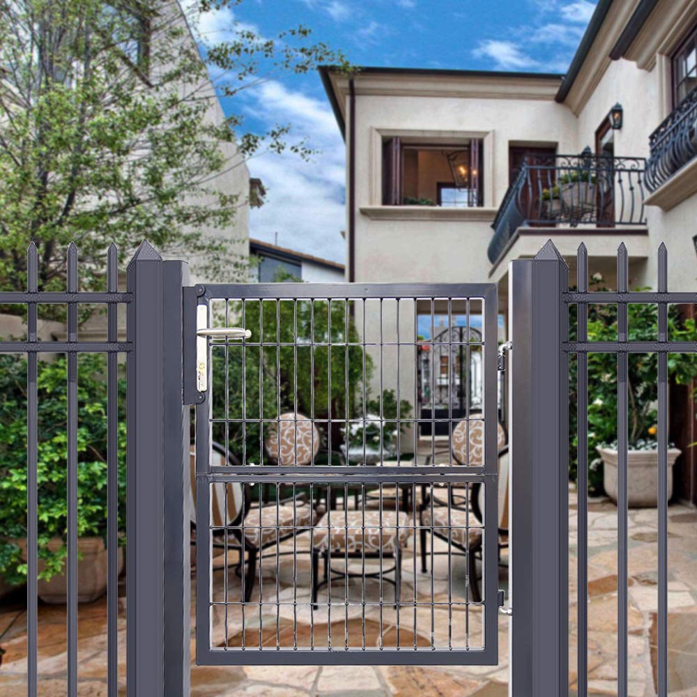 Randaco Puerta de Jardín, 120x100cm de Acero Galvanizado Puerta para Valla, Puerta de patio, Robusta y Duradera, con Cerradura, Manija y 3 Llave, Gris
