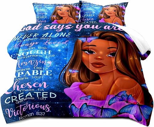 Miniatura 2 de LUVIVIHOME Juego de edredón mágico de 3 piezas, tamaño matrimonial, ropa de cama negra afroamericana, ropa de cama de mariposa azul galaxia púrpura