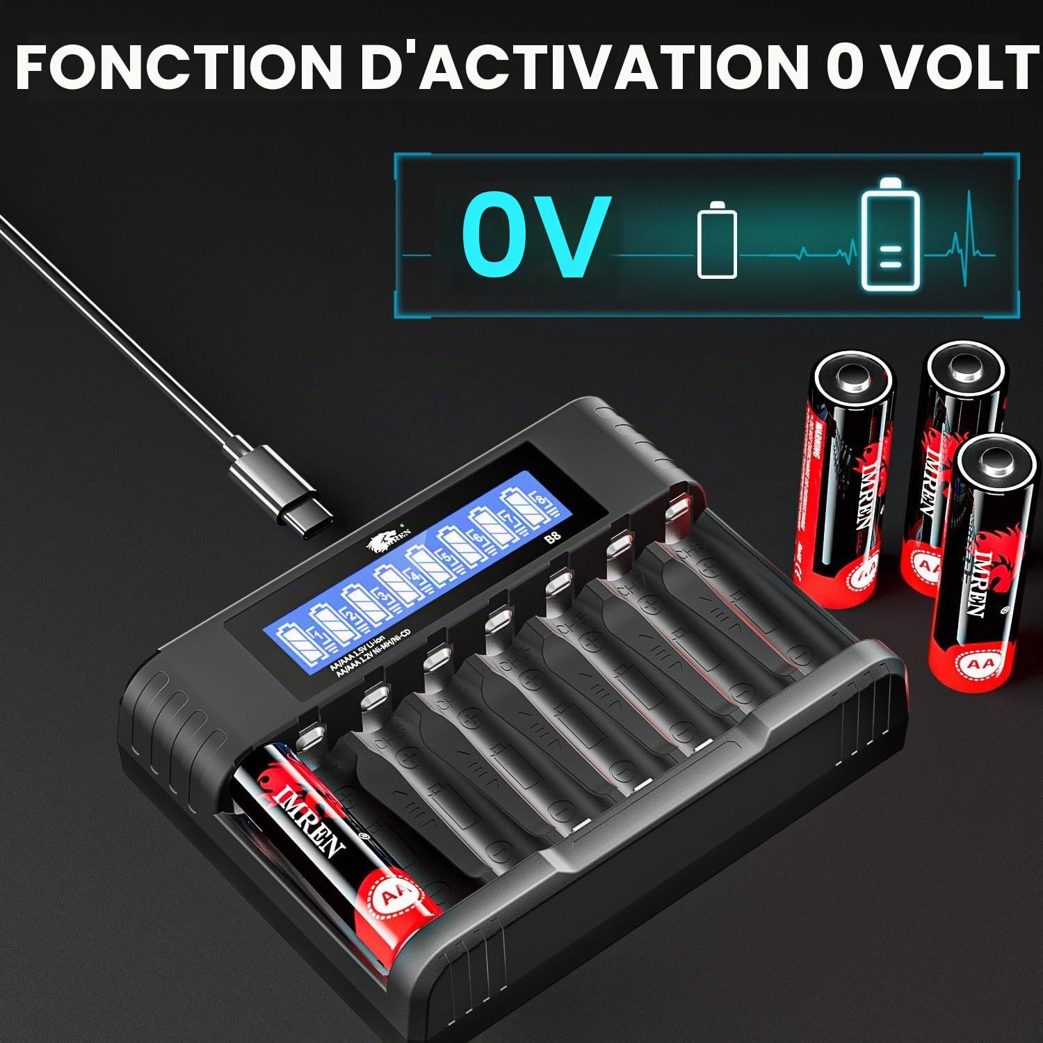 IMREN Chargeur de Piles, 8 Slots Rechargeable Chargeur Piles pour 1.2V NiMH/NiCD 1.5V Lithium AA AAA, Type-C Entrée, Chargeur Rapide, écran LCD