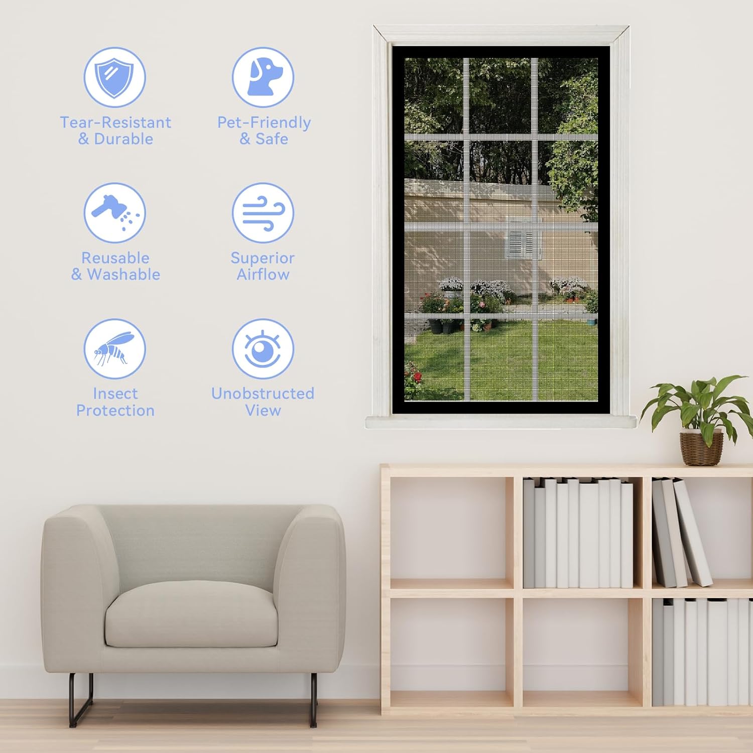 Premium Self-Adhesive Window Screen, High-Tensile Tear-Resistant Mesh with Hook & Sticky Tape, Heavy-Duty Bug Screen for Windows, Pet-Friendly, DIY Cut-to-Fit, Insect Protection (60 x 80)