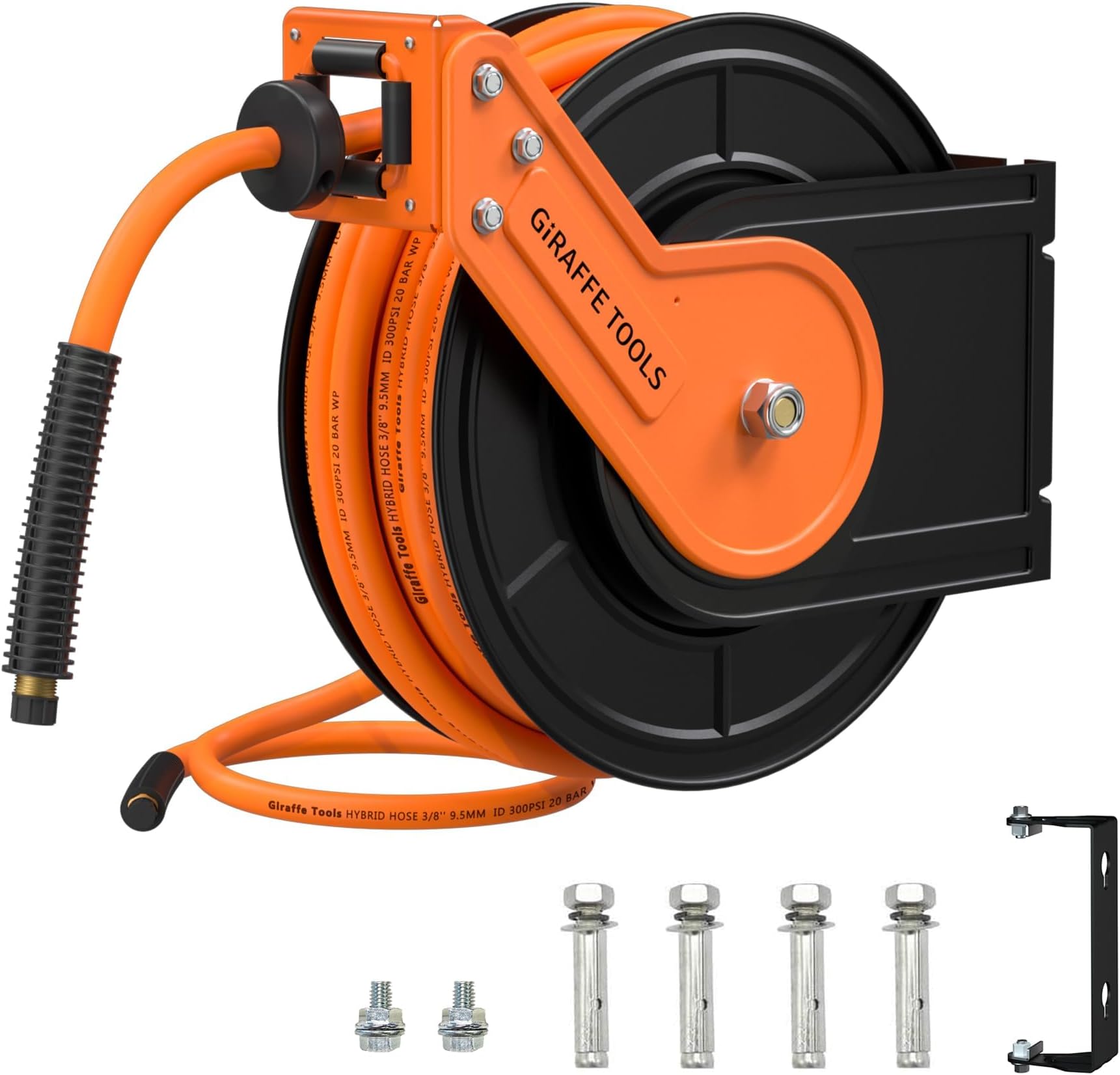 Giraffe Tools Retractable Air Hose Reel 15M, Heavy Duty 3/8" Air Line with 1/4" Quick Connect, Max 300 PSI for Air Tools, Garage, Workshop