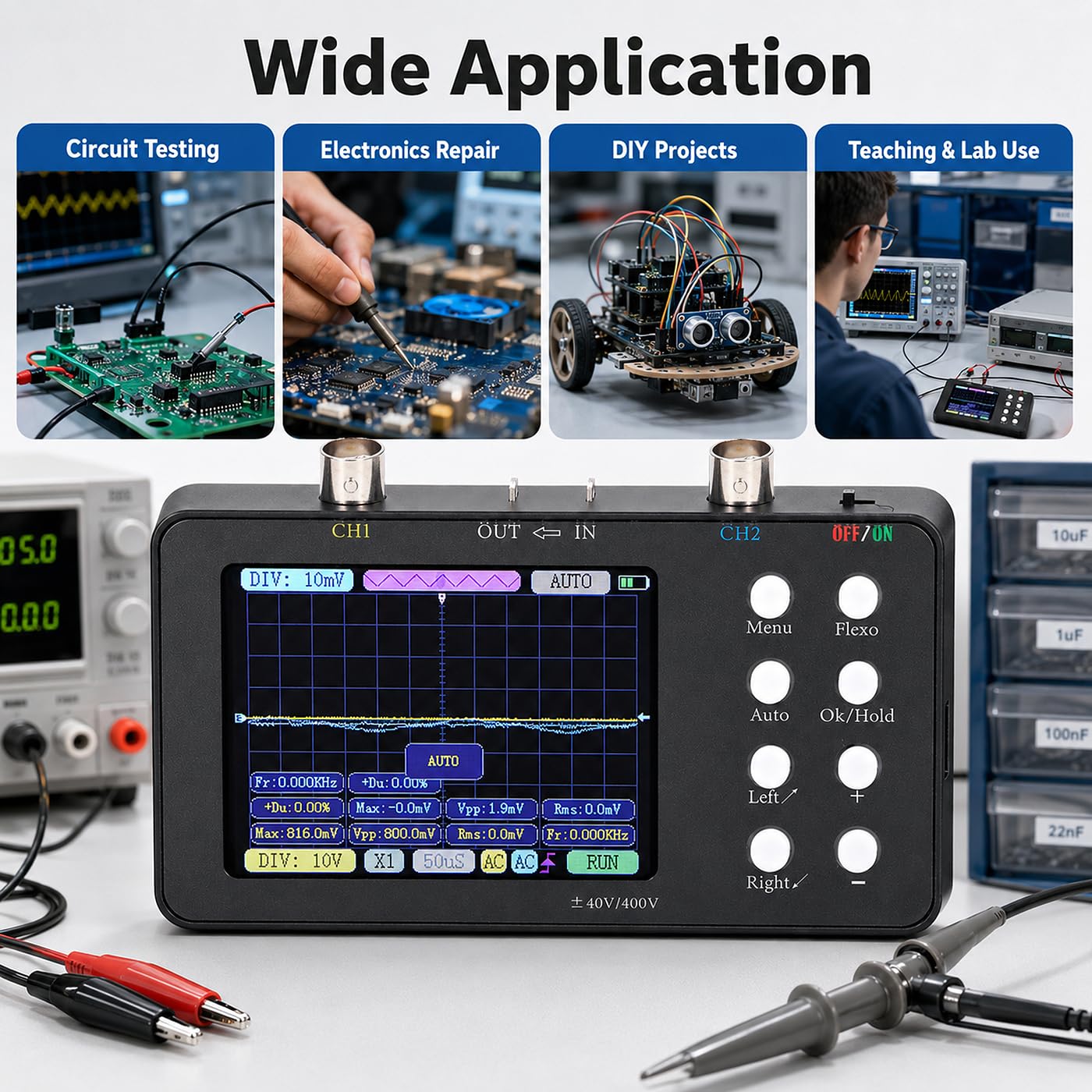 Fyearfly Zweikanal-Oszilloskop, Digitales Oszilloskop-Multimeter 2-Kanal-Tragbarer Signalgenerator 2Mhz Bandbreite Mit LCD-Hintergrundbeleuchtung + Krokodilklemme