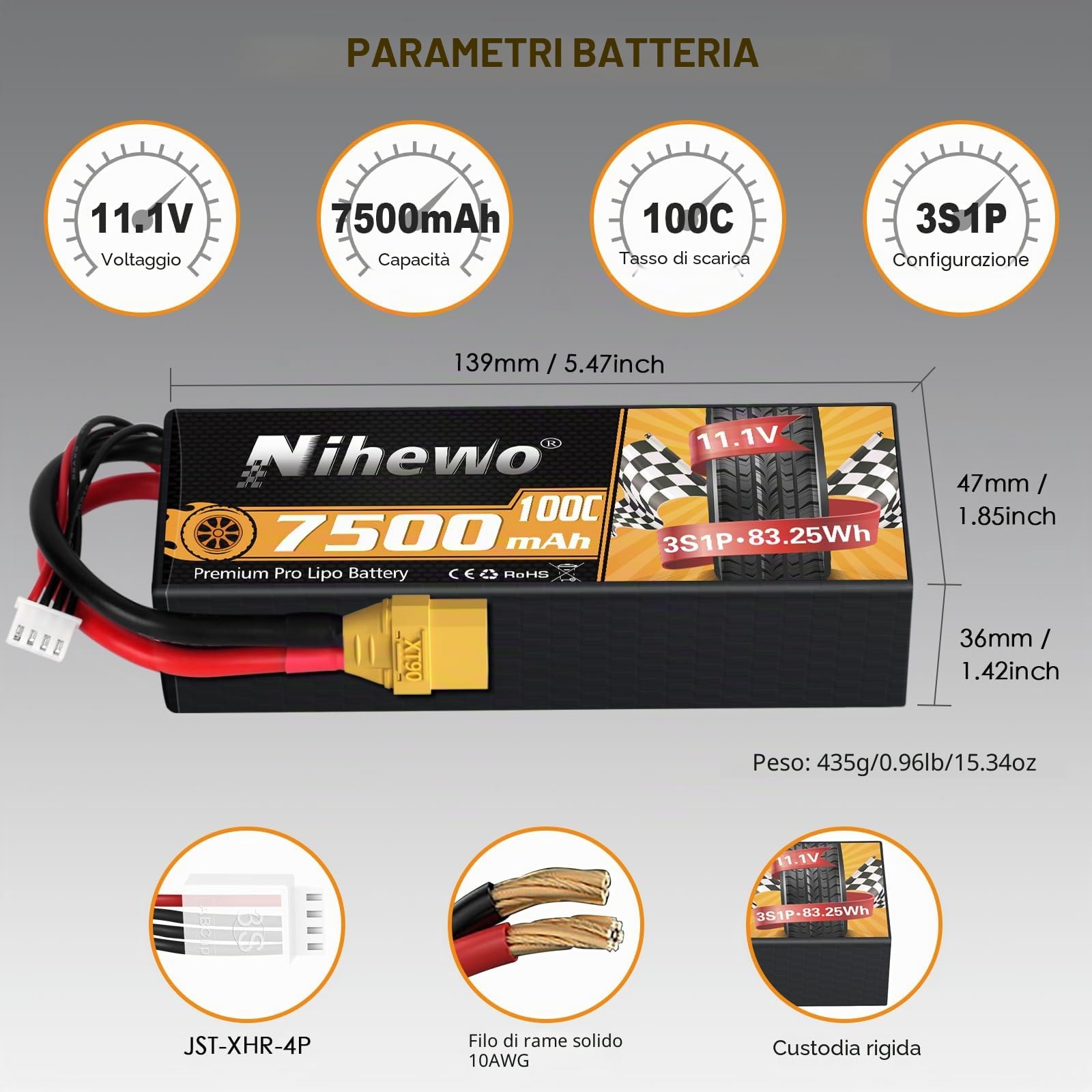 Batteria Lipo 3S, 2 Pezzi Batteria RC 11,1 V 7500 mAh 100C Custodia Rigida Lipo 3S Connettore XT90 Compatibile con 1/8 1/10 RC Auto Camion Truggy Veicoli Serbatoio Barca Aereo Modelli