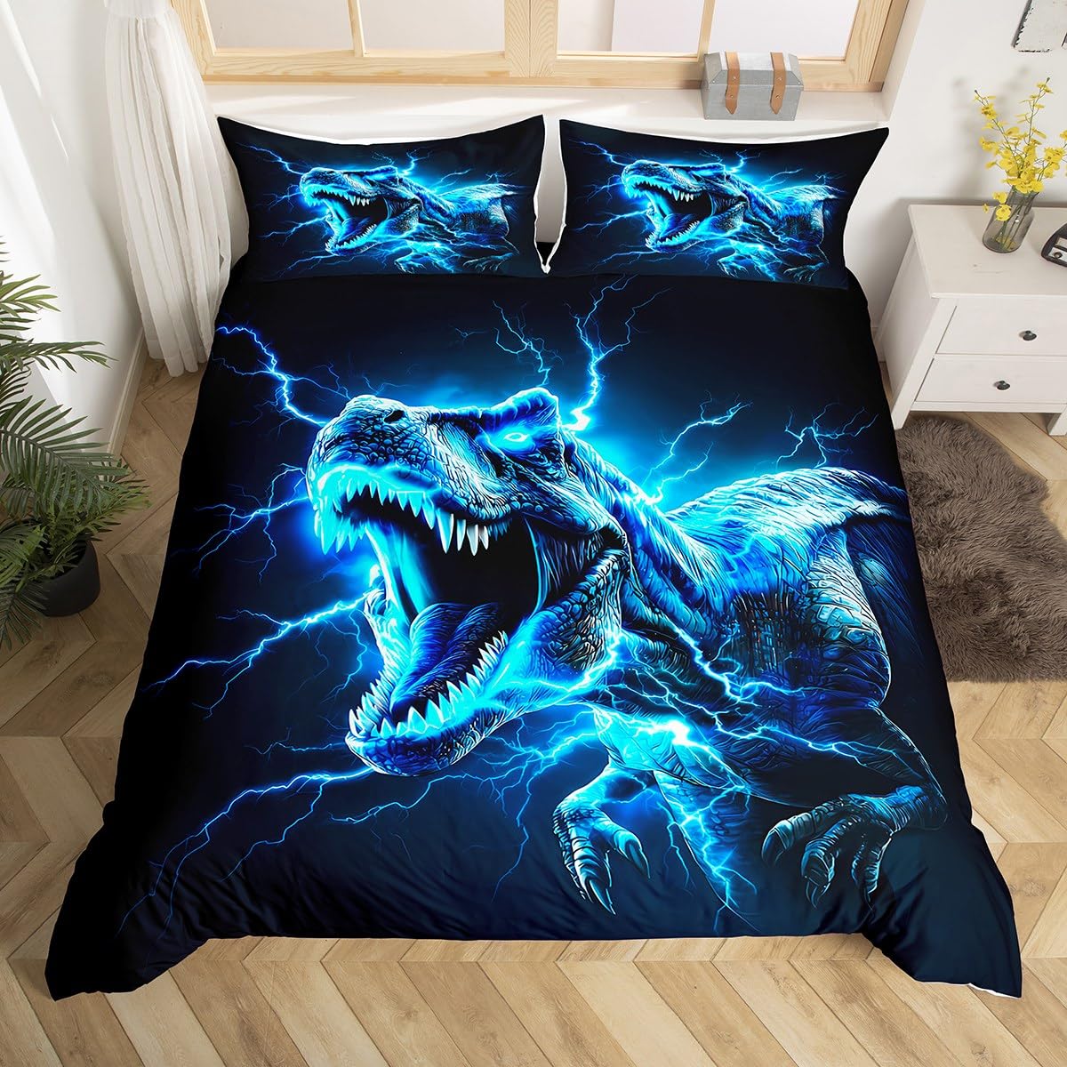 Housse de couette dinosaure 3D bleu éclair pour lit simple enfant et ado