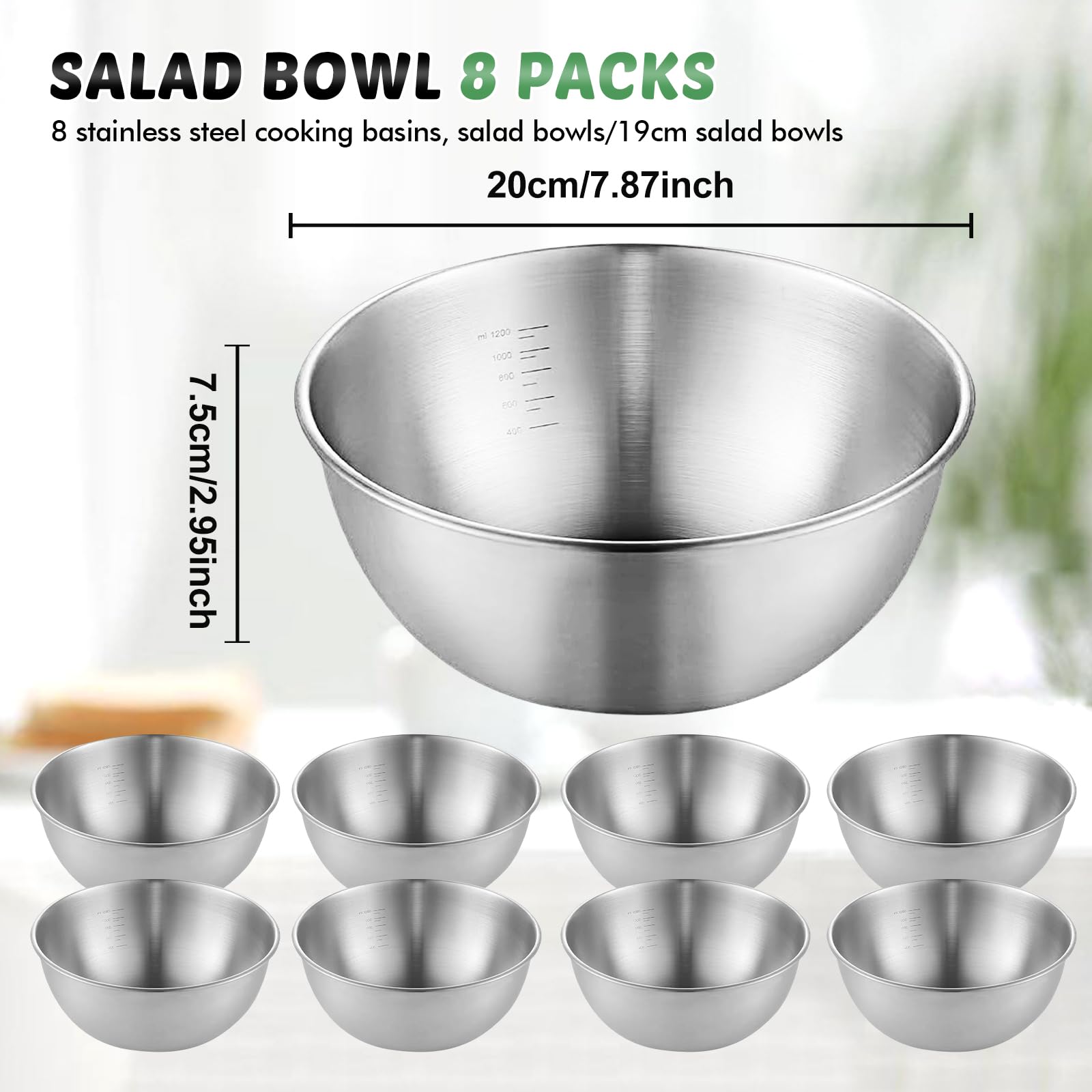 Lot de 8 saladiers empilables en acier inoxydable - Diamètre : 19 cm - Bols de qualité supérieure avec marques de mesure - Saladiers pour salade, collations, sauces, céréales