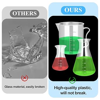 28 Pcs Plastic Graduated Cylinders and Beakers, Including 3 Graduated Cylinder 5 Plastic Beakers 3 Erlenmeyer Flask 10 Droppers 6 Plastics Test Tubes with Rack, Ideal for DIY Science