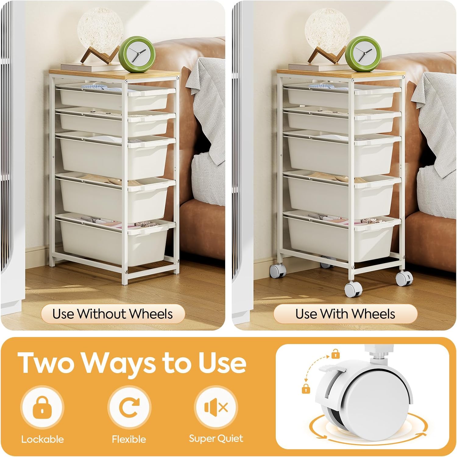 Rolling Storage Cart with 5 Drawers, Craft Organizer, Wooden Tabletop Utility Cart for Bedroom, Children's Room and Office Organization, Table Side Trolley with Lockable Wheels, White