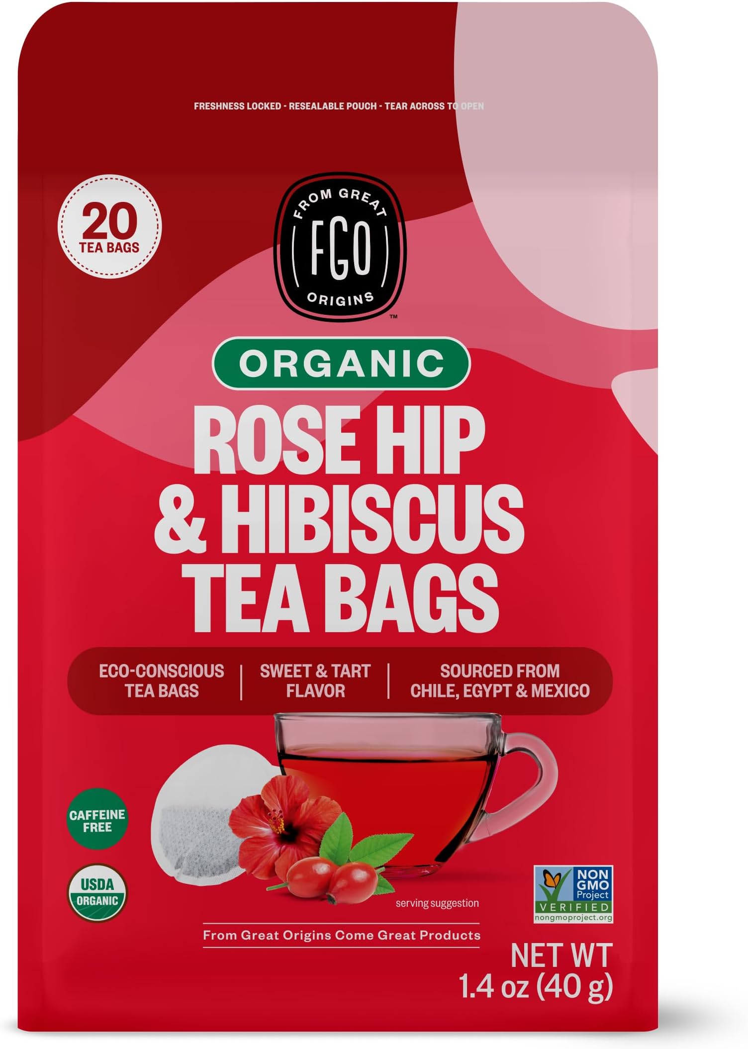 FGO Organic Rosehips Tea, 20 Count, Eco-Conscious Herbal Tea Bags, Resealable Bag, Caffeine Free, Packaging May Vary (Pack of 1)