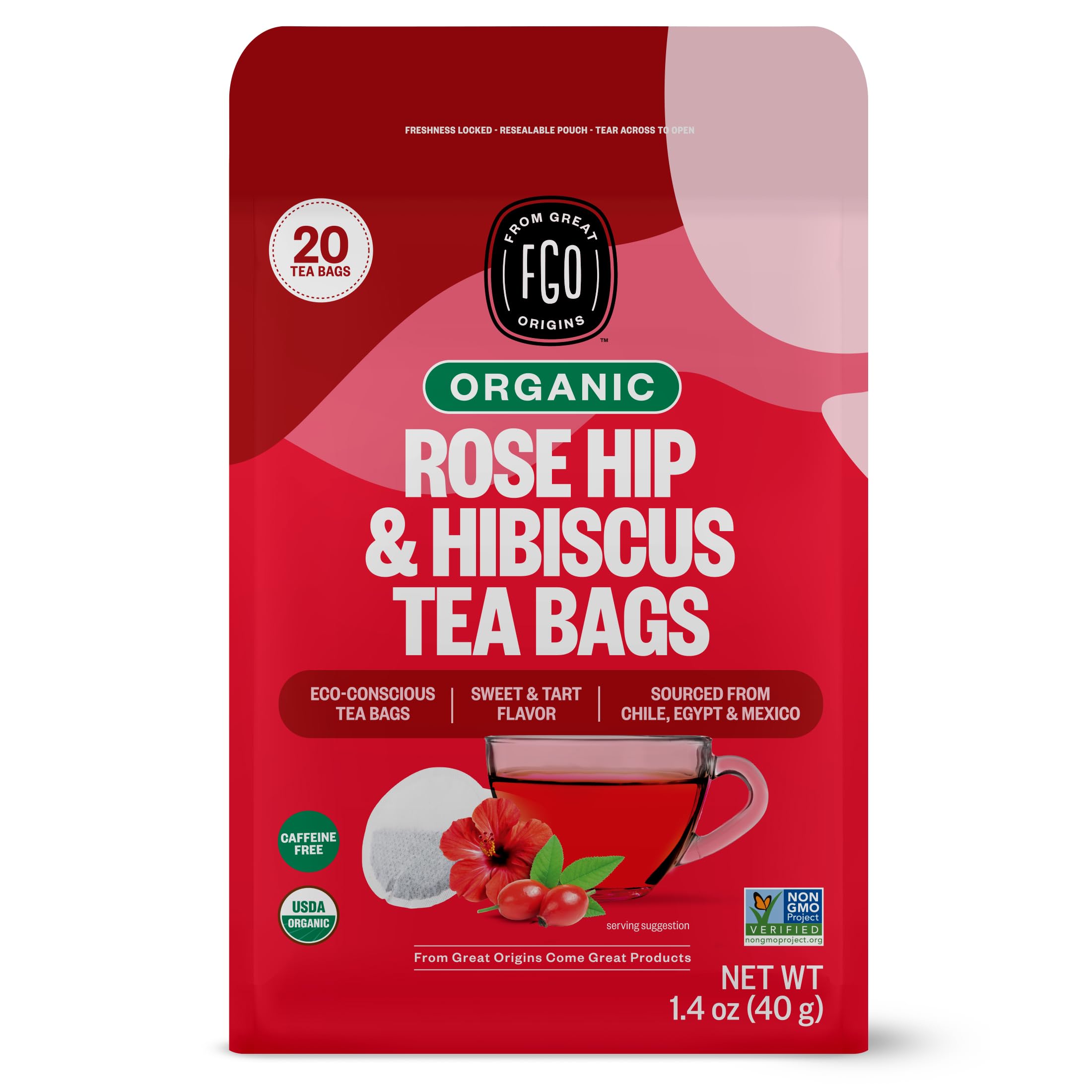 FGO Organic Rosehips Tea, 20 Count, Eco-Conscious Herbal Tea Bags, Resealable Bag, Caffeine Free, Packaging May Vary (Pack of 1) Rosehips 20 Count (Pack of 1)