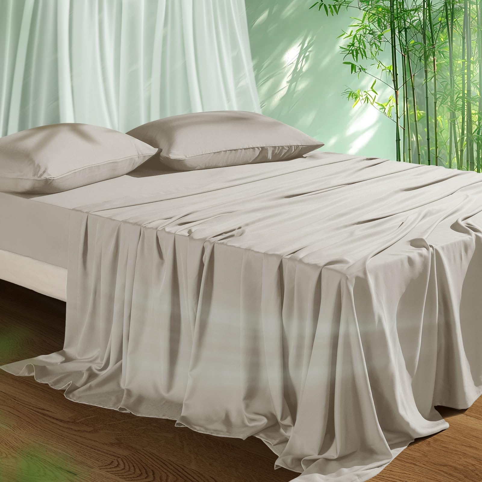 Cooling Sheets Set Full Size, Viscose Derived from Bamboo for Hot Sleepers | Deep Pocket Up to 15 Inch | Silky Soft & Breathable Bedding - 4PC (Full, Wheat)
