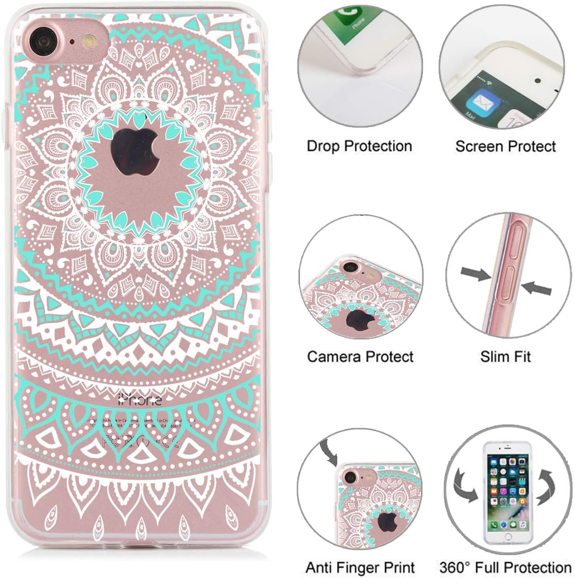 TRENSOM iPhone 7 Case iPhone SE 2020 Case for Women Clear Protective Case with Lace Paisley Design, Cute iPhone 8 Case Mandala Floral Henna Pattern Soft TPU, Shockproof Bumper Phone Case, White Cyan