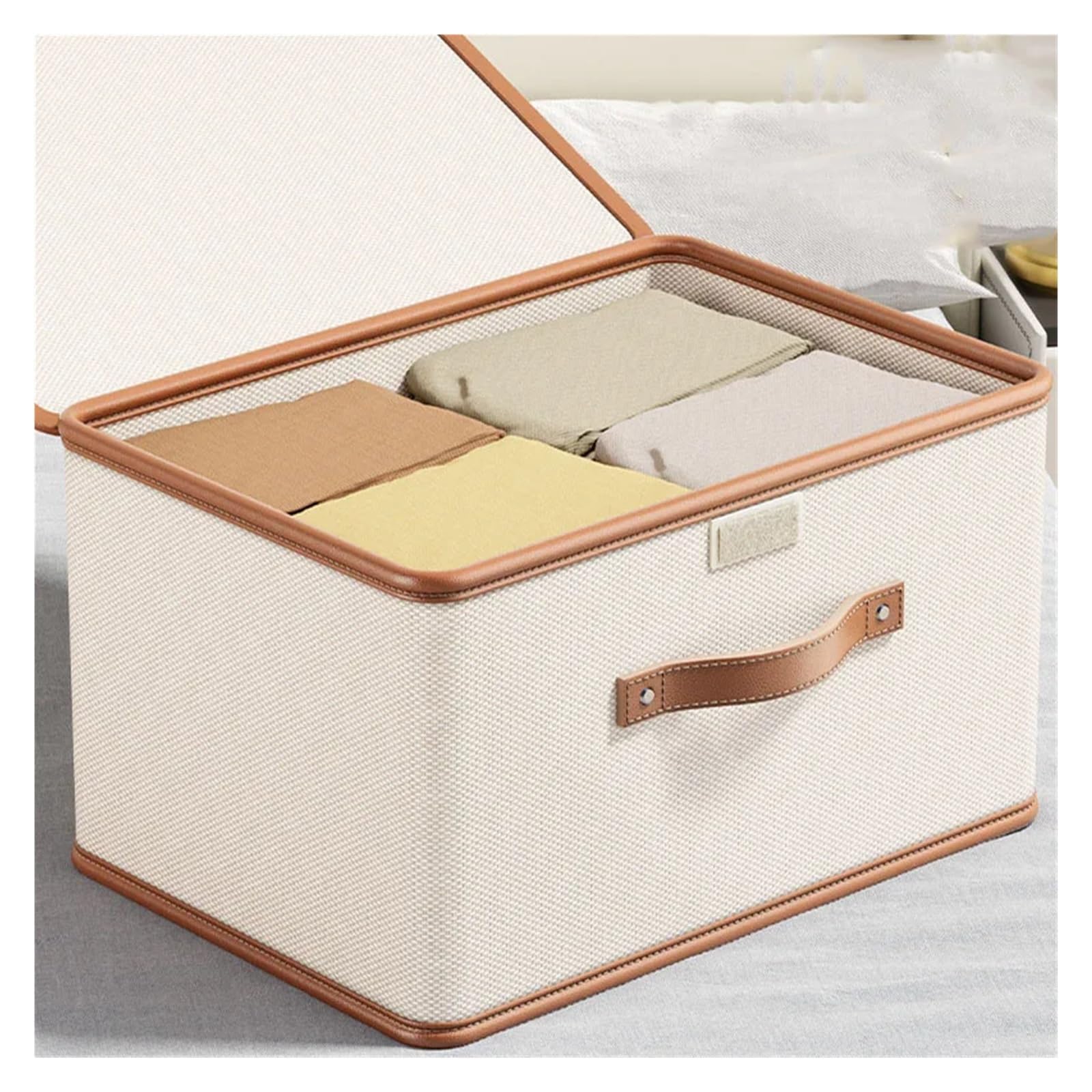 scatola di stoccaggio pieghevole Grande contenitore portaoggetti con coperchio integrato in tessuto Oxford, cestino for la camera da letto in tessuto(Rice white 37x27x26)