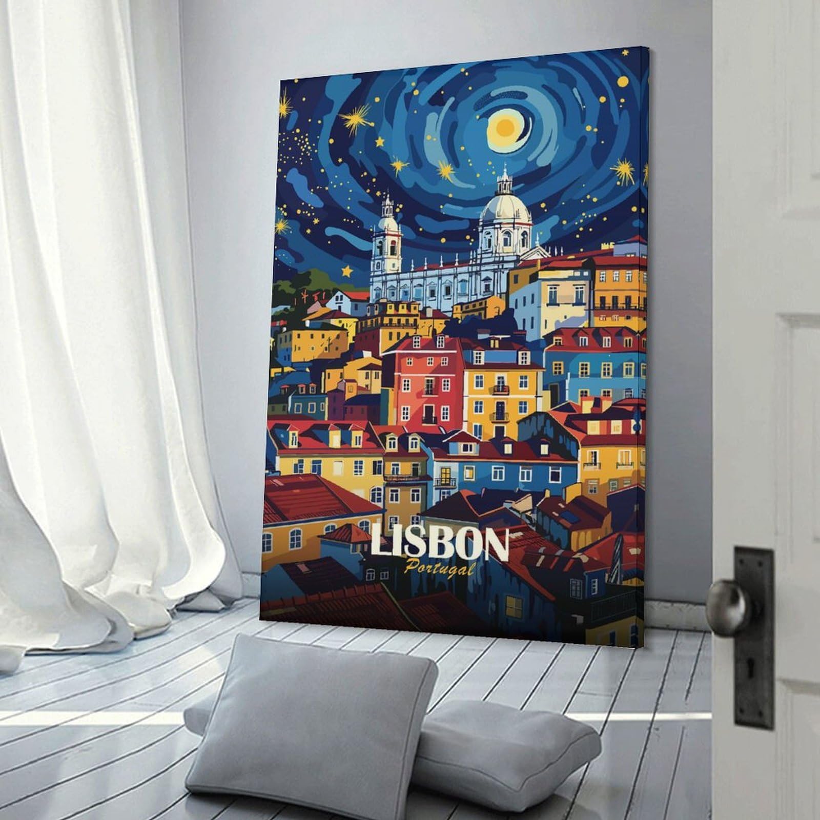 Junmoney Lisbon Portugal Nightscape Art Wall Art Print 24x36inch(60x90cm), for Lounge, Study, Hallway Or Flat Walls, Decorative Artwork with Broad Appeal