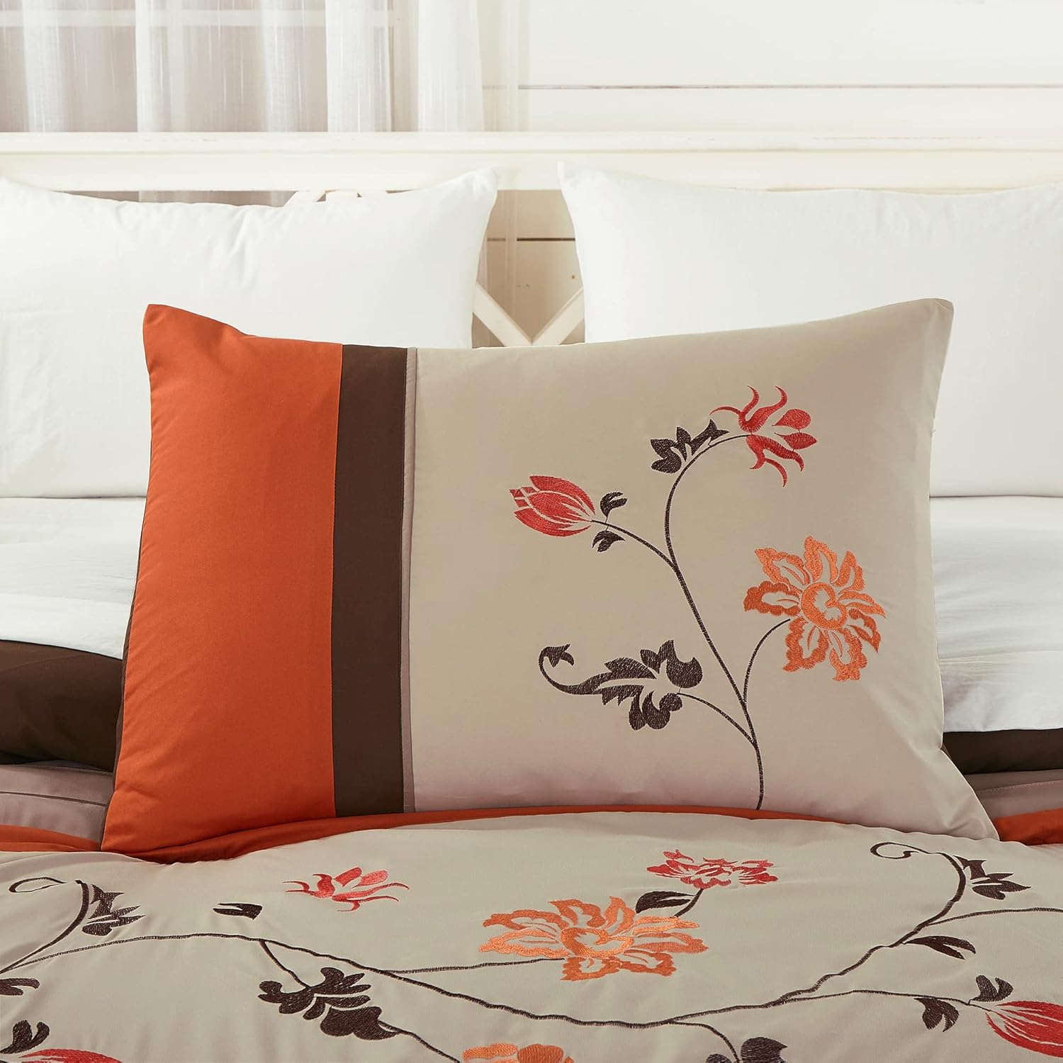 Chezmoi Collection Daphne Bed in a Bag Queen 7-Piece Comforter Set with Sheets Luxury Autumn Floral Embroidery Orange/Brown/Taupe