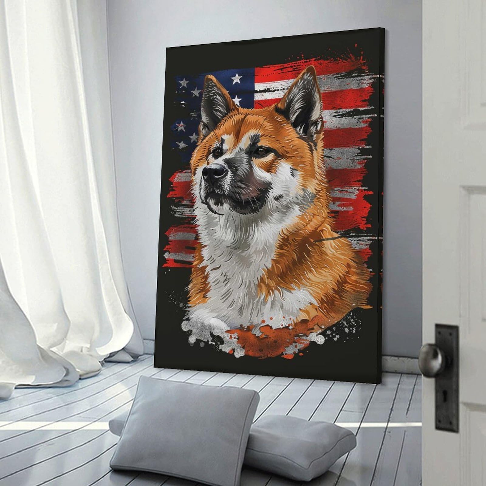Junmoney Canvas Wall Decor Akita American Flag, 20x30inch(50x75cm), for Bedroom Decor, Cosy Corners Or Studios, Decorative Wall Art for Cosy Rooms