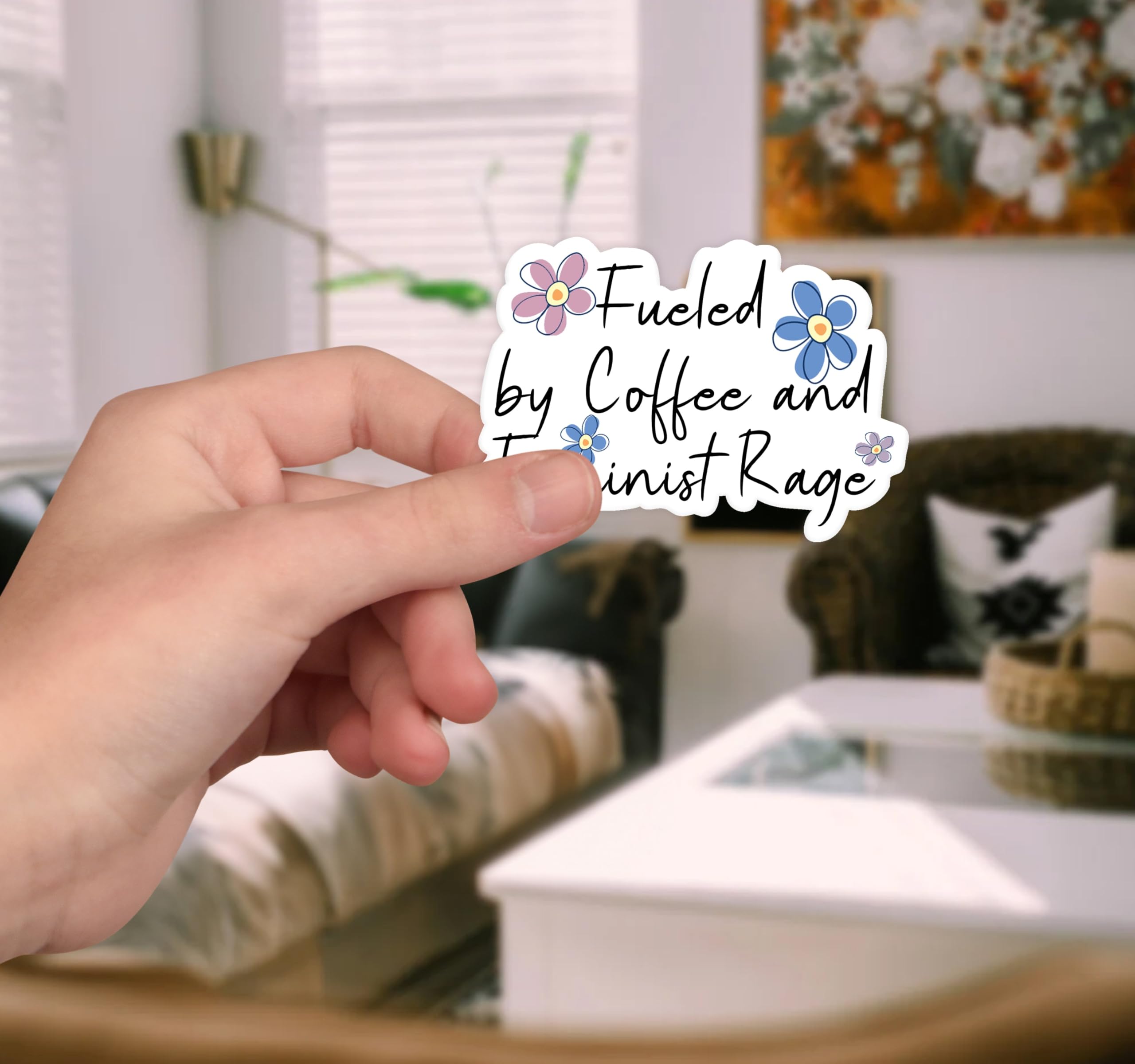 (3 Pcs) Fueled by Coffee and Feminist Rage Sticker 3x3 - Quote Sticker Gift for Women - Funny Feminism Sticker for Laptop - Water Bottle - Phone - Hilarious Sticker Gift for Girlfriend - Mom, White
