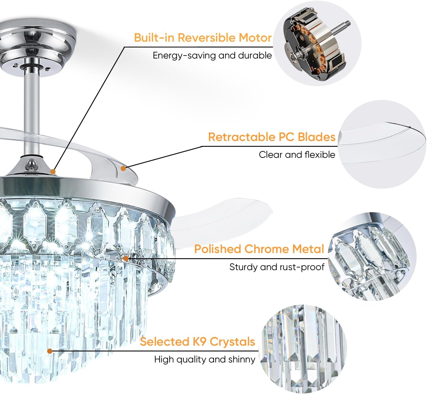 42 Inch Fandelier Ceiling Fan with Light, Retractable Ceiling Fan with Lights Chandelier Fan for Bedroom, Living Room, 3 Color Temperature, 6 Wind Speed-Chrome