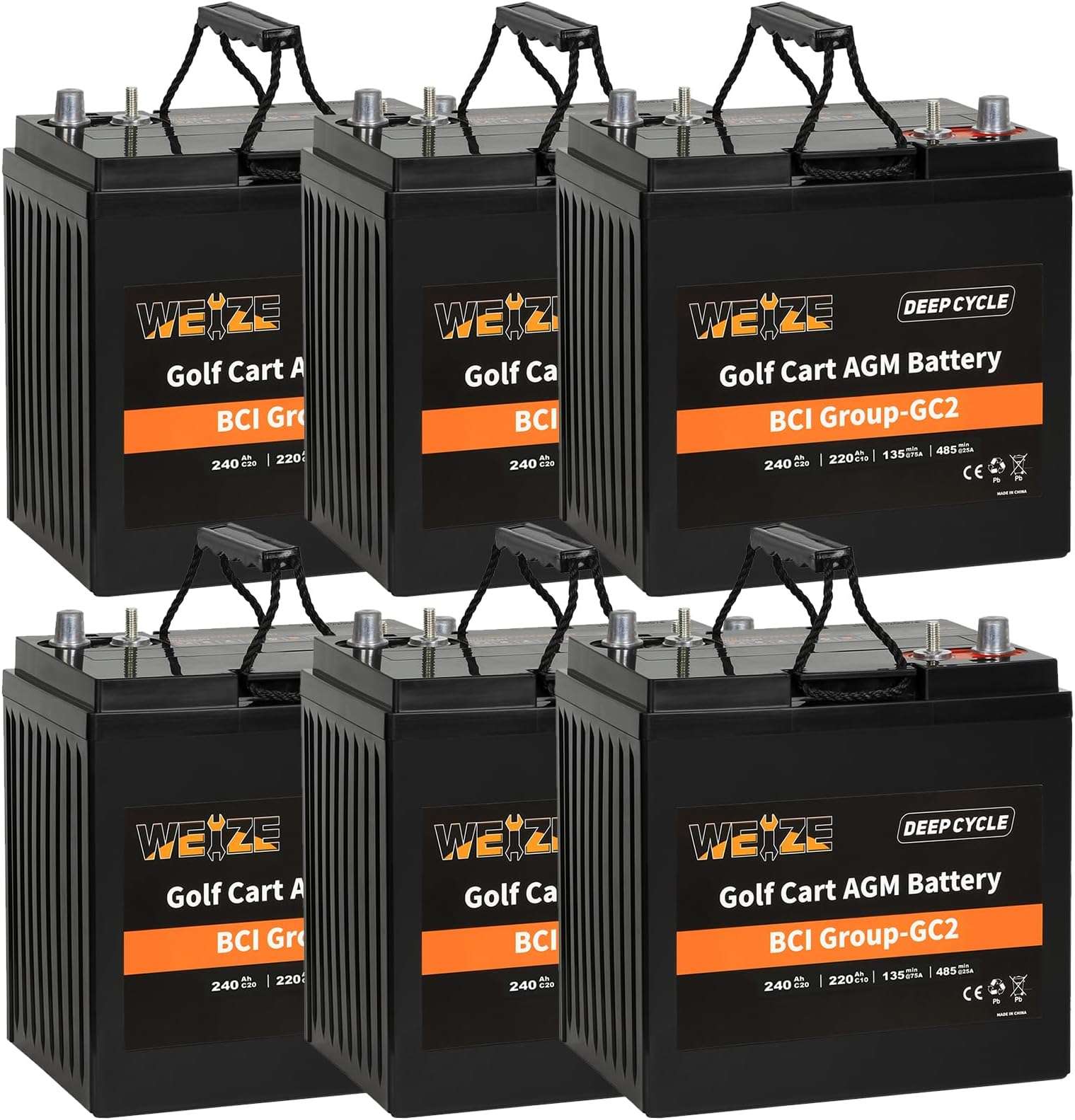 WEIZE GC2 6V Golf Cart Battery, 240ah Deep Cycle AGM Battery for Golf Cart, Scissor Lift, Scrubber Sweeper, Set of 6