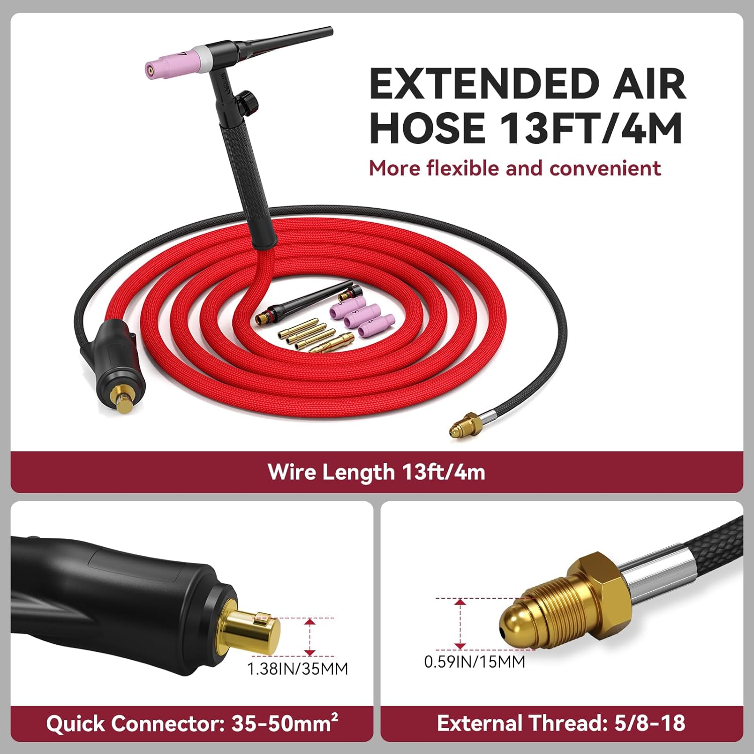 ARCCAPTAIN WP-17FV Argon TIG Welding Gun 2.0, 13FT Red Air Hose and 35-50mm Connector, Lift Tig Torch 150amp with 13FT Cable for ARCCAPTAIN ARC200, MIG200, MIG250, ARC205 Pro and MIG205 Pro