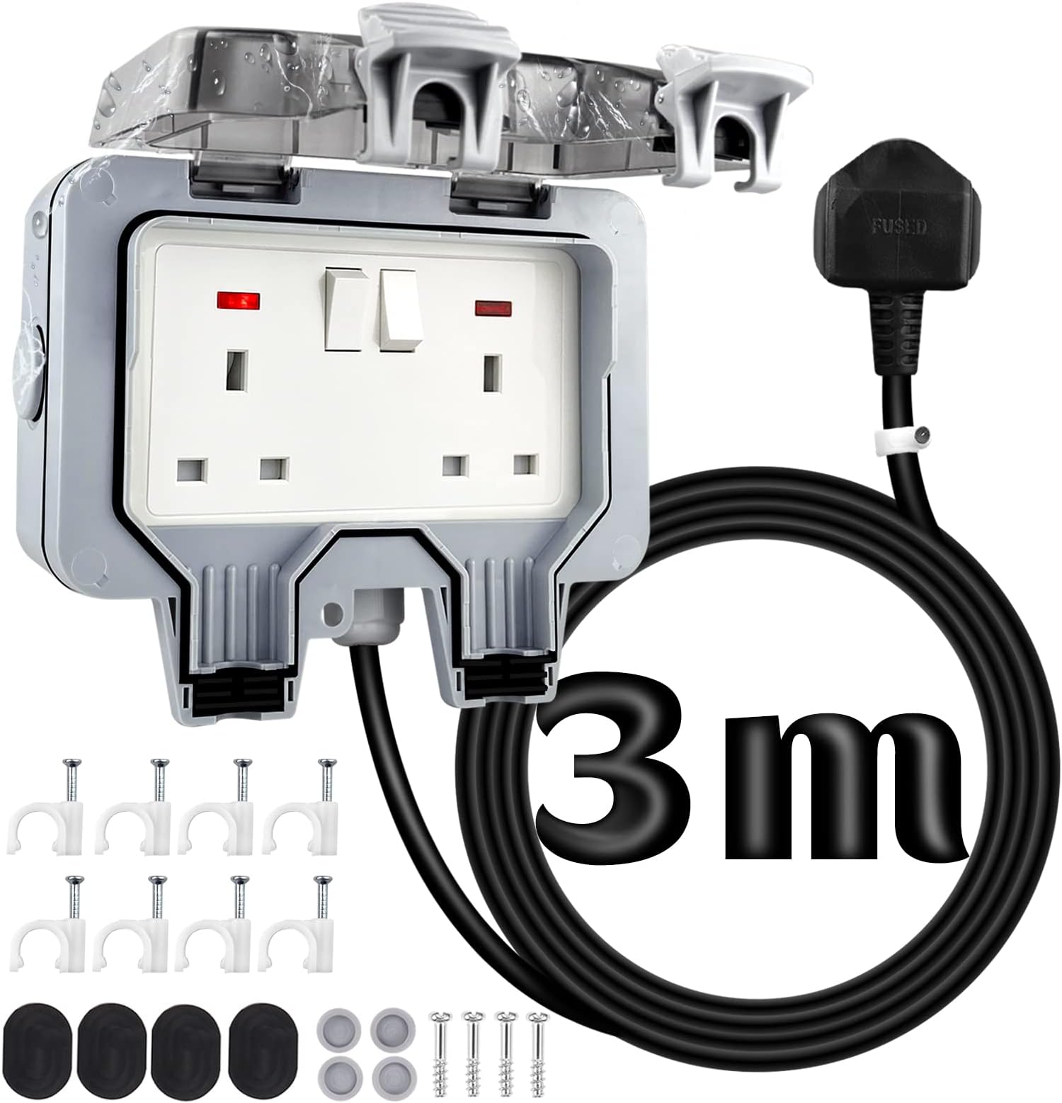 Outdoor Sockets Waterproof Plug Sockets with 3M/10FT Extension Cable, 2 Gang Extension Lead 3m Outside Double Socket Weatherproof IP66 Electrical Outlets Boxes 13A Wall Switched External Plug Sockets