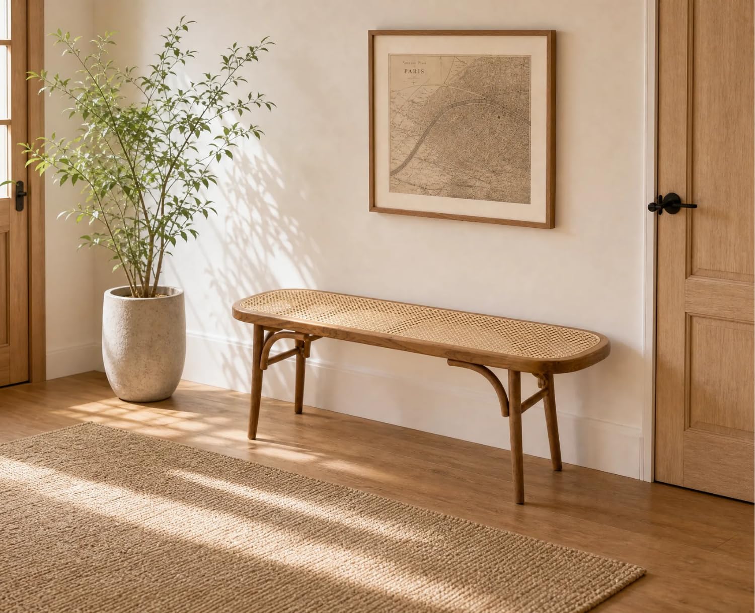 Ya-Home Banc de Salle à Manger Rotin Banquette Ottoman Bois Rétro Banc d'Entrée, Jaune | Style moderne du milieu du siècle, cadre en bois massif, coins arrondis de sécurité, pour salle à manger/entrée/chambre/salon