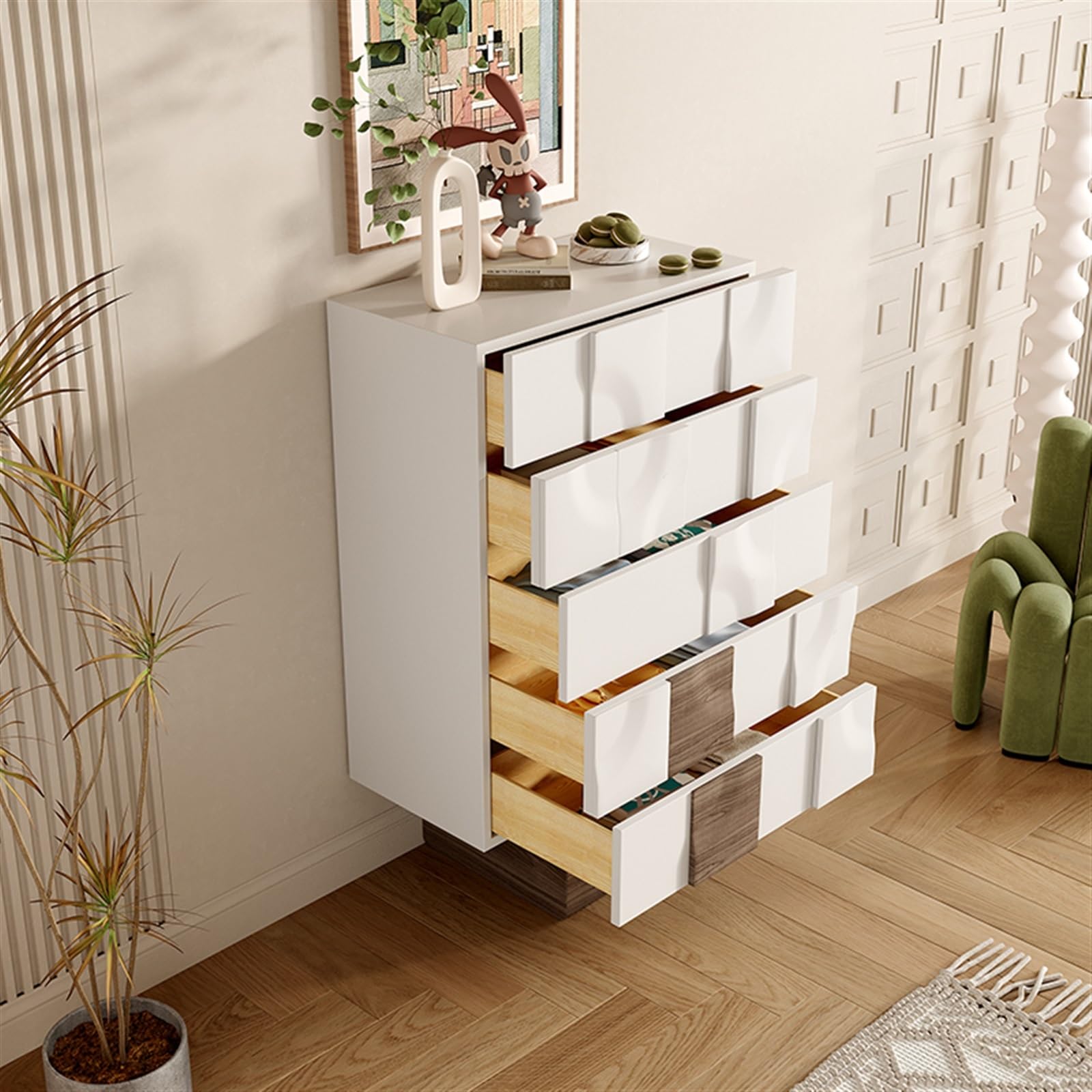 disegni di stoccaggio Cassettiera creativa, cassettiera for camera da letto con 5, lussuoso mobile portaoggetti in legno for ingresso, comodino divano accanto al cassetto del tavolo