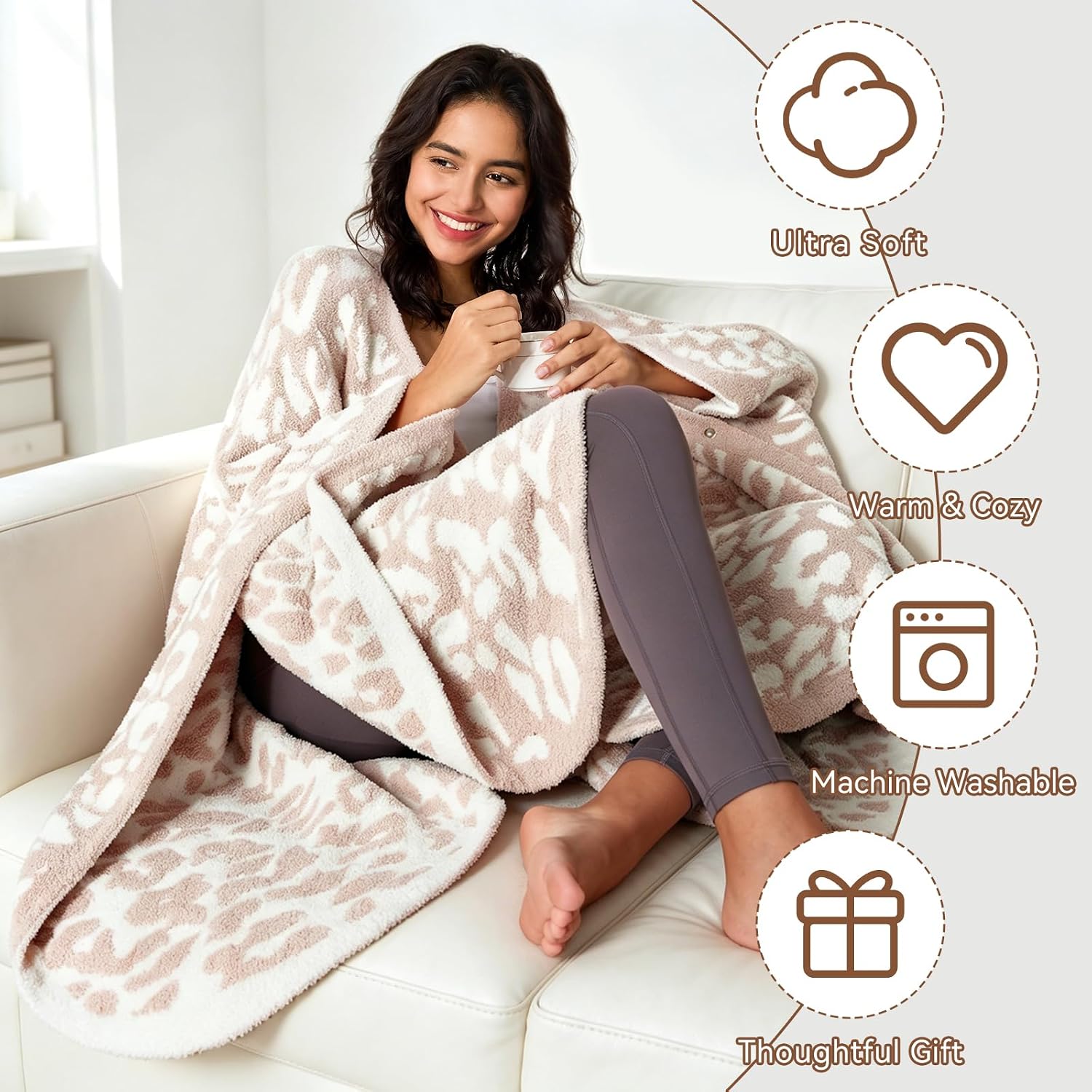 MH MYLUNE HOME Wearable Blanket, Ultra Soft Reversible Blanket Wraps for Women, Plush Cape with Pockets, Cozy Gifts for Women Mom Adult (Leopard Khaki, One Size 53"X63")