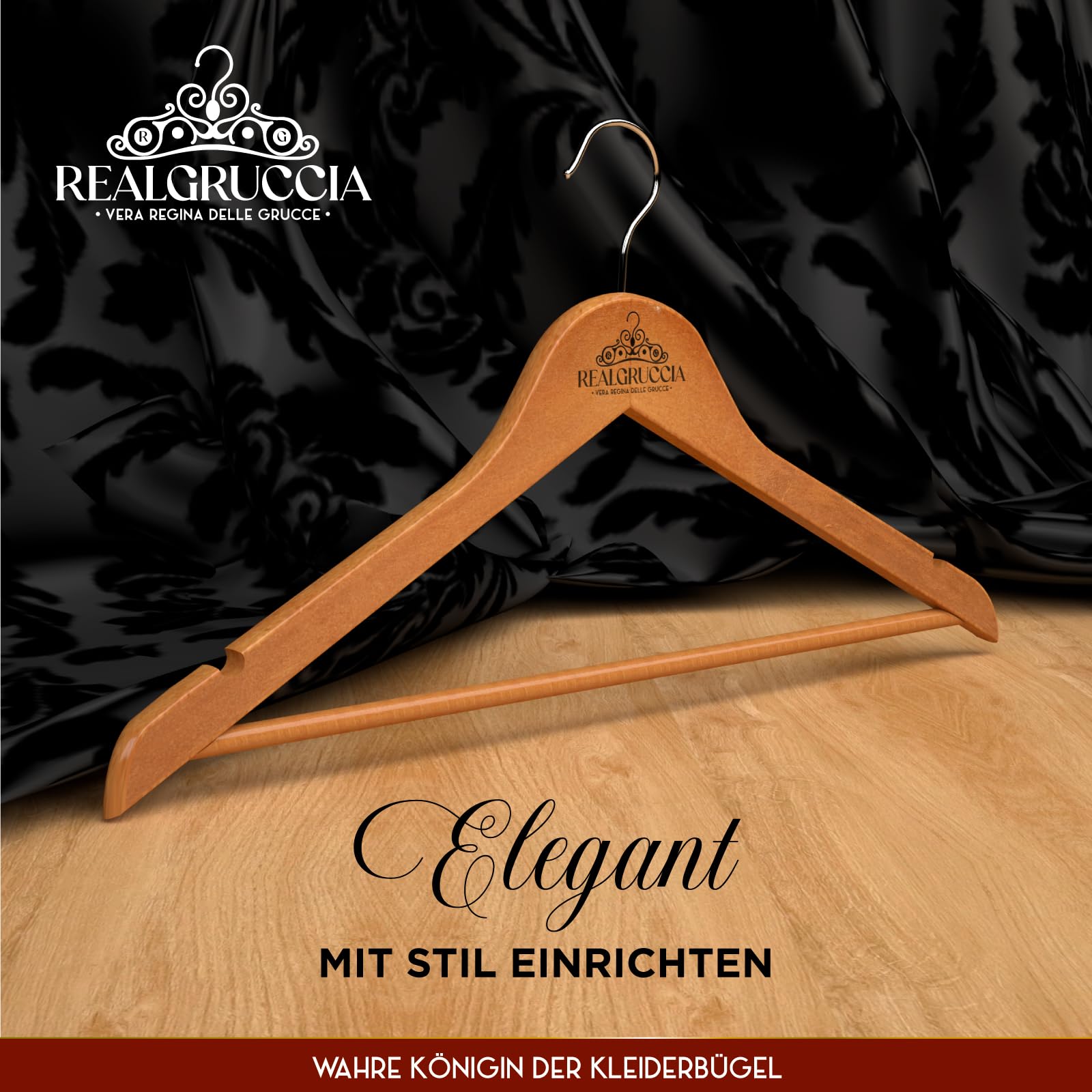 40 Kleiderbügel aus Holz Anti-Rutsch-Einkerbungen Holzbügel RealGruccia Farbe Hellbraun Hosensteg von Hosen Anzügen Hemden - Polierter Oberfläche Drehbaren Hakens und Abgeschrägte Profile - 22x45cm