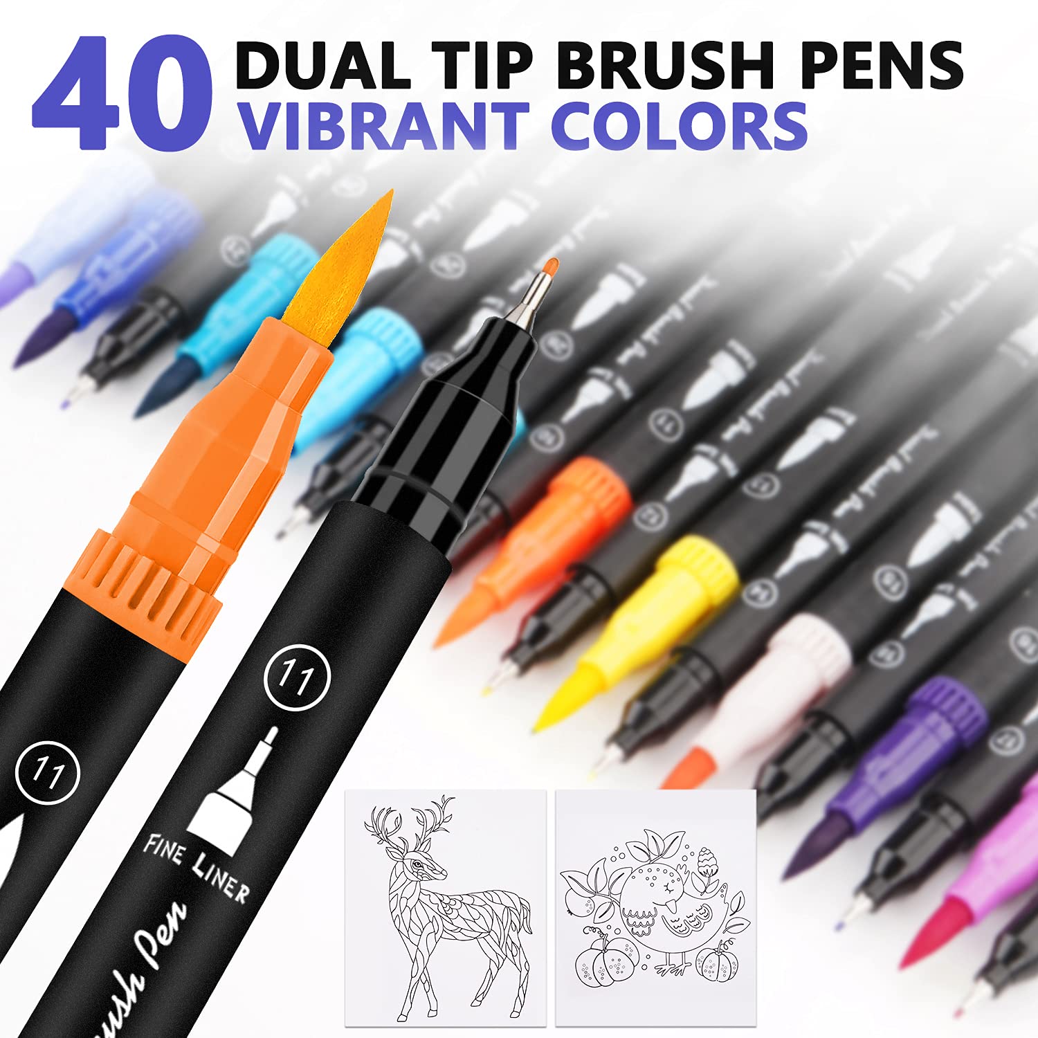 Pennarelli Doppia Punta Brush Pen, 40 Colori Punta Fine Pen 0,4 mm e 1-4mm Punta Brush, per Bambini e Adulti Calligrafia, Pittura, Colorazione, Disegnare a Scuola