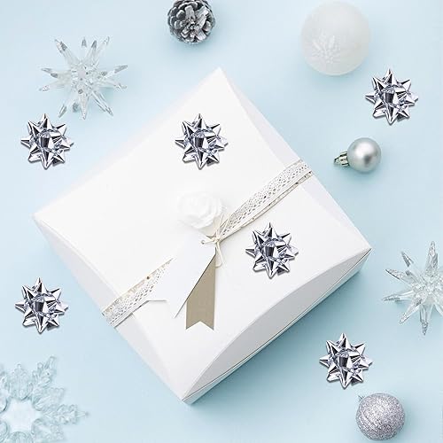 Miniatura 5 de Iceyyyy 100 mini lazos de regalo de estrella metálica plateada de 1 pulgada, pequeños lazos adhesivos para decoración de fiestas de Navidad,