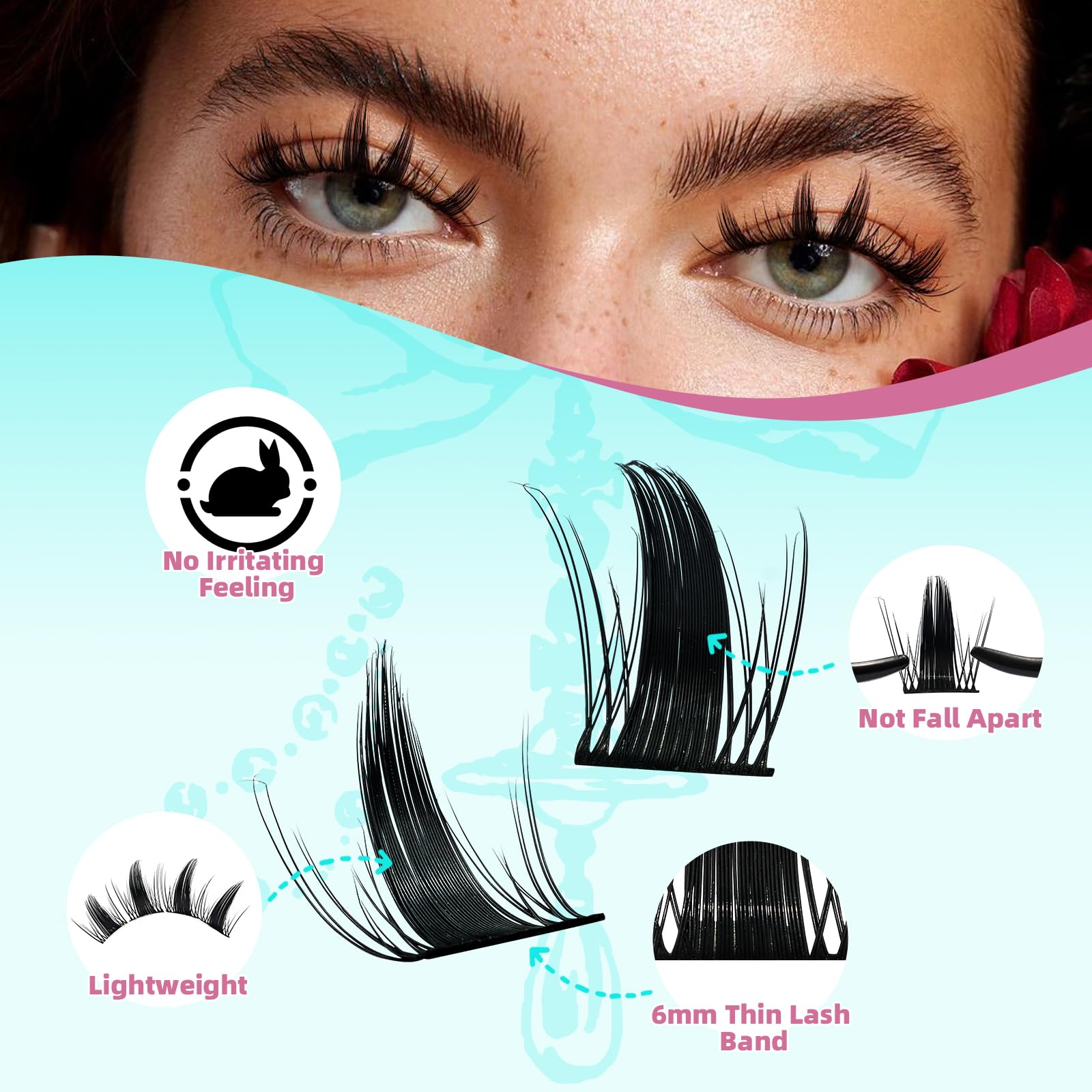 Manga Ciglia Finte Wispy 128PCS sinistra e destra Volume Ciglia Finte Ciuffetti, D Curl Wide Lash Band Estensioni ciglia Ciglia Cluster Wet-Look (Daisy, D-12mm)