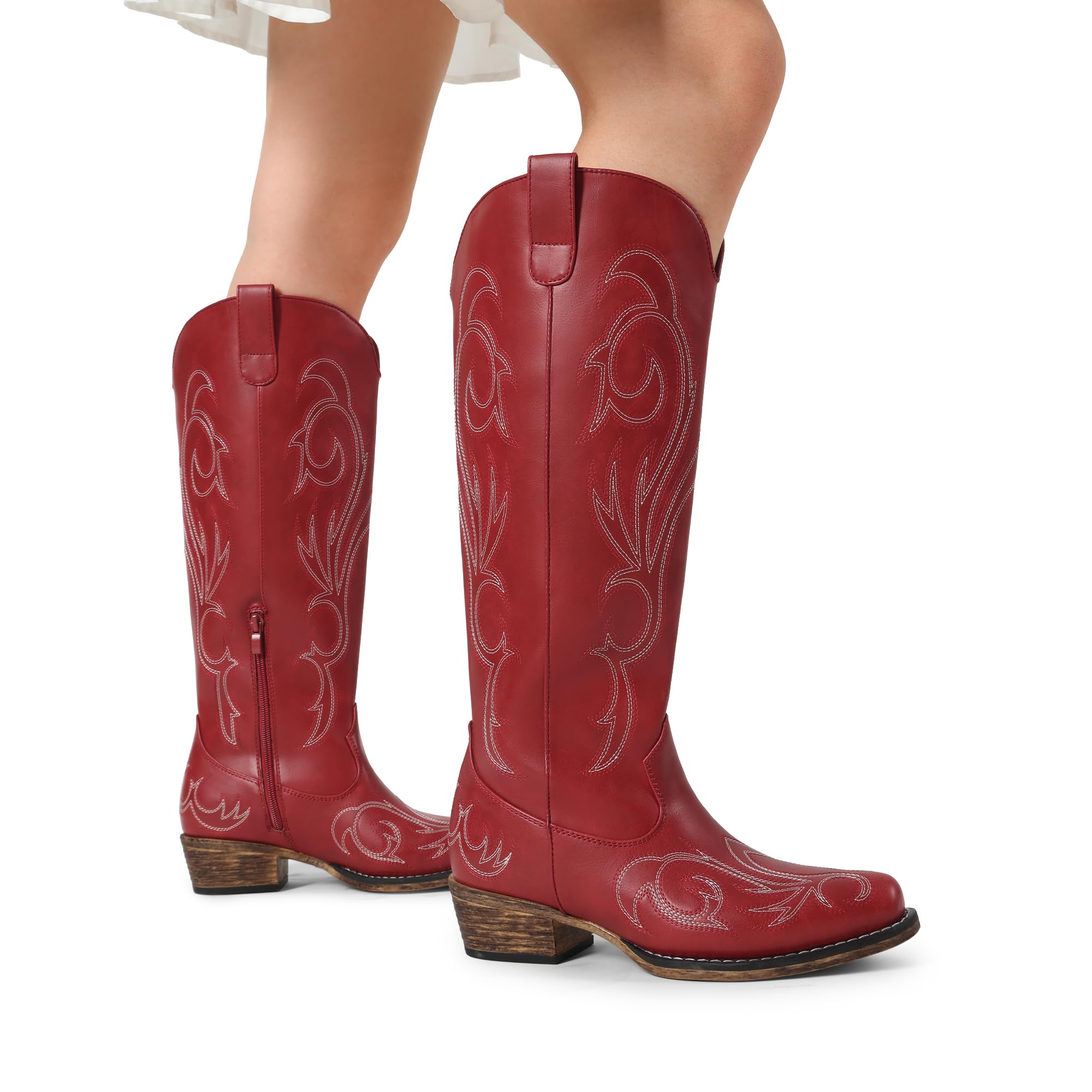 DREAM PAIRS Botas Vaqueras Rodilla Mujer | Bordado vibrante, cremallera lateral, tirador trasero, plantilla 5mm, suela TPR.