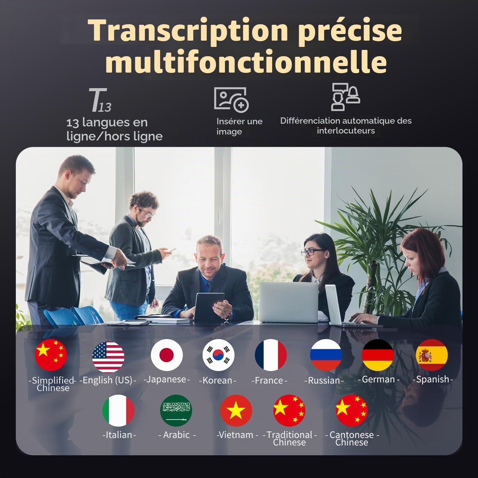 Dictaphone numérique avec fonction d'écriture IA et résumé, traduction en ligne, travail hors ligne de 134 langues, enregistreur vocal AI 80 Go pour conférences, réunions