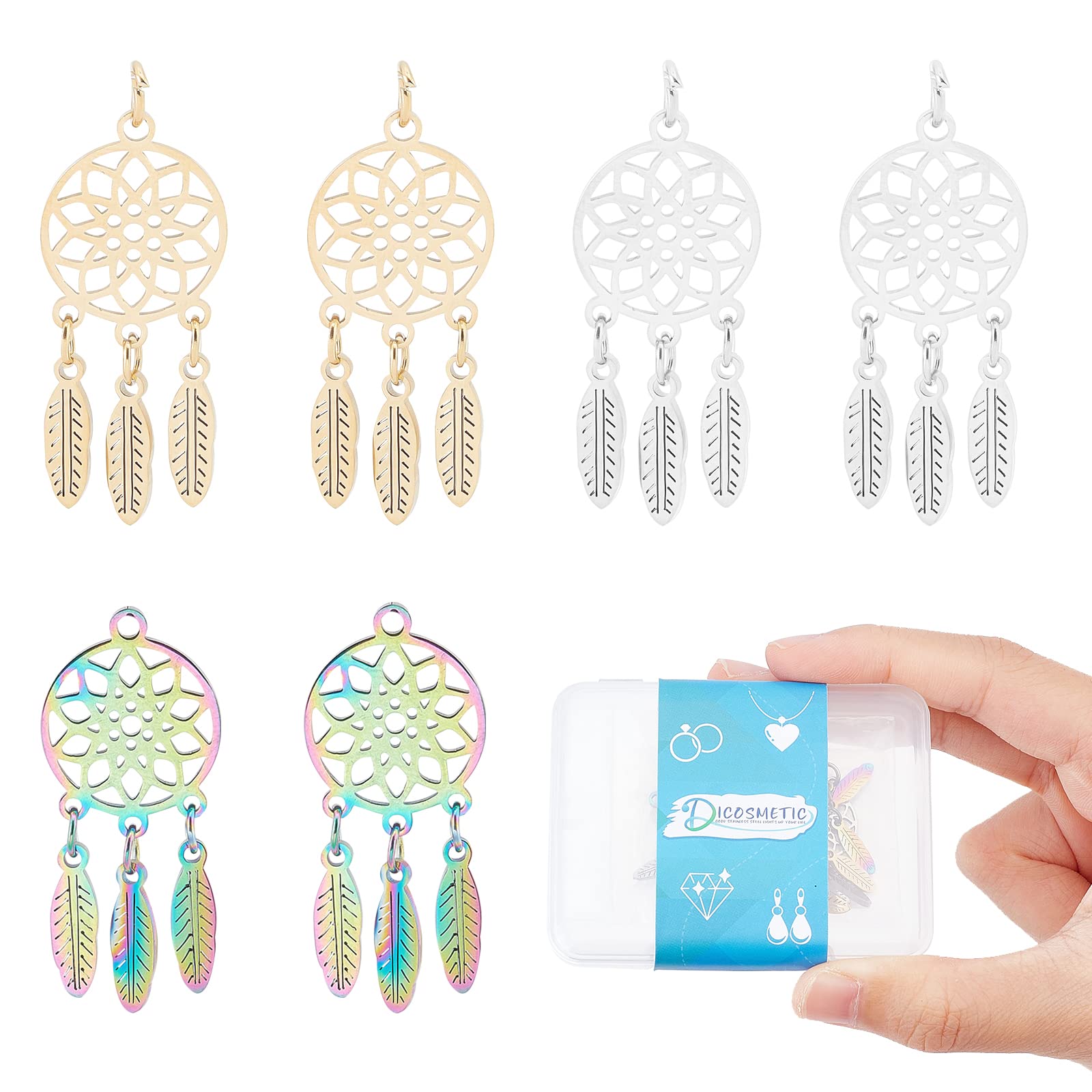 DICOSMETIC 6Pcs 3 Colors Dream Catcher Charms Woven Net Pendants with Jump Rings Web with Feather Pendant Mixed Color for DIY Jewelry Necklace Bracelet Earring Crafts Making Findings