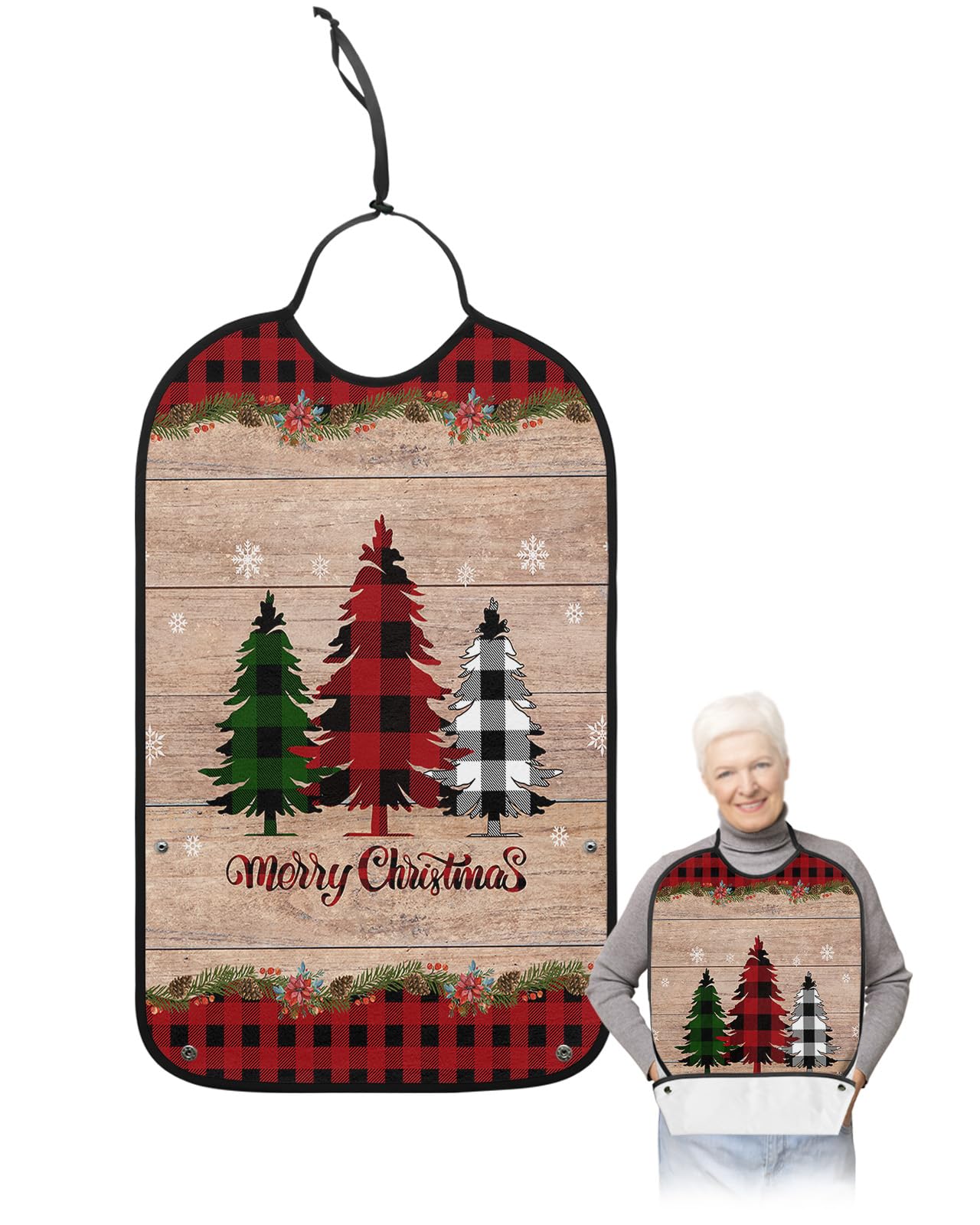 Christmas Tree Adult Bibs for Eating, Waterproof Bibs with Food Catcher & Adjustable Snap Closure, Red Checkered Vintage Wood Snowflake Poinsettia Clothing Protectors Adult Bibs for Elderly Women/Men