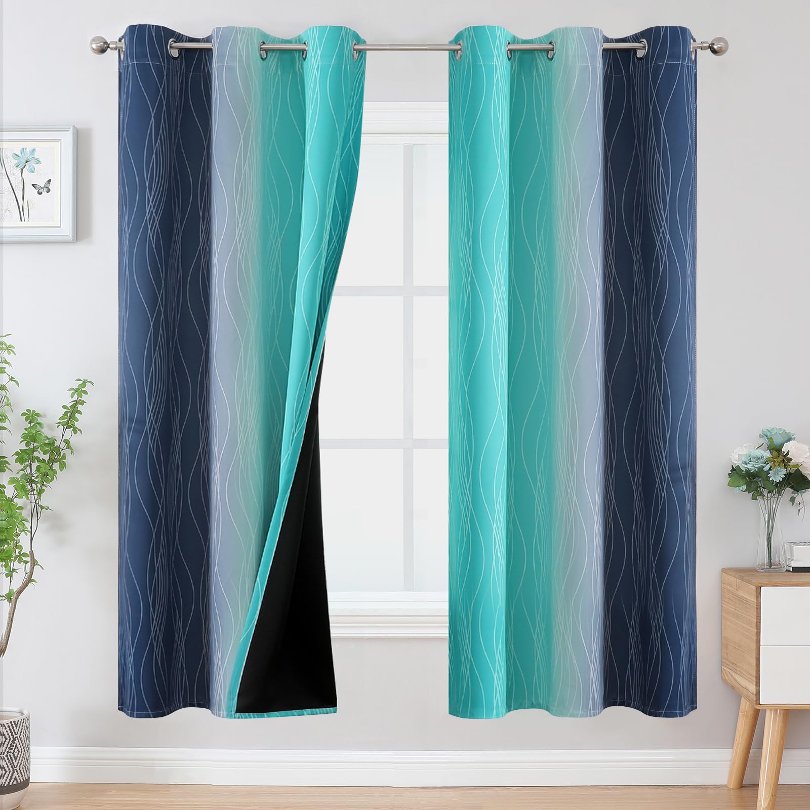 Estelar Textiler Navy Blue and Teal Blackout Curtains for Living Room, Full Room Darkening Grommet Ombre Curtains for Bedroom, Thermal Insulated Light Blocking Gradient Drapes, 42Wx72L, 2 Panels