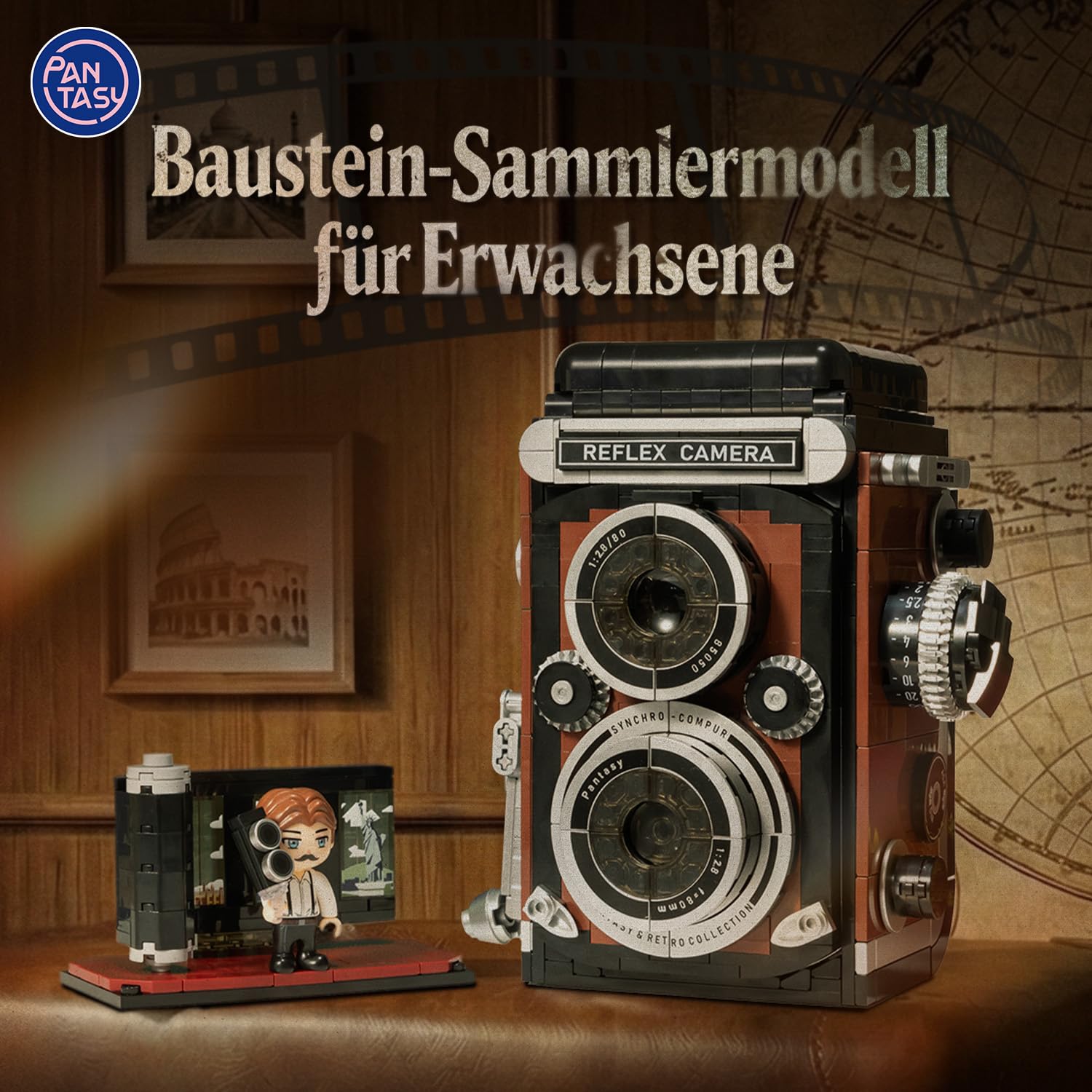 PANTASY Retro Kamera Klemmbausteine Set für Erwachsene | Klassische Doppelobjektivkamera mit interaktiven Funktionen, Vintage-Fotoapparat als dekoratives Sammlermodell